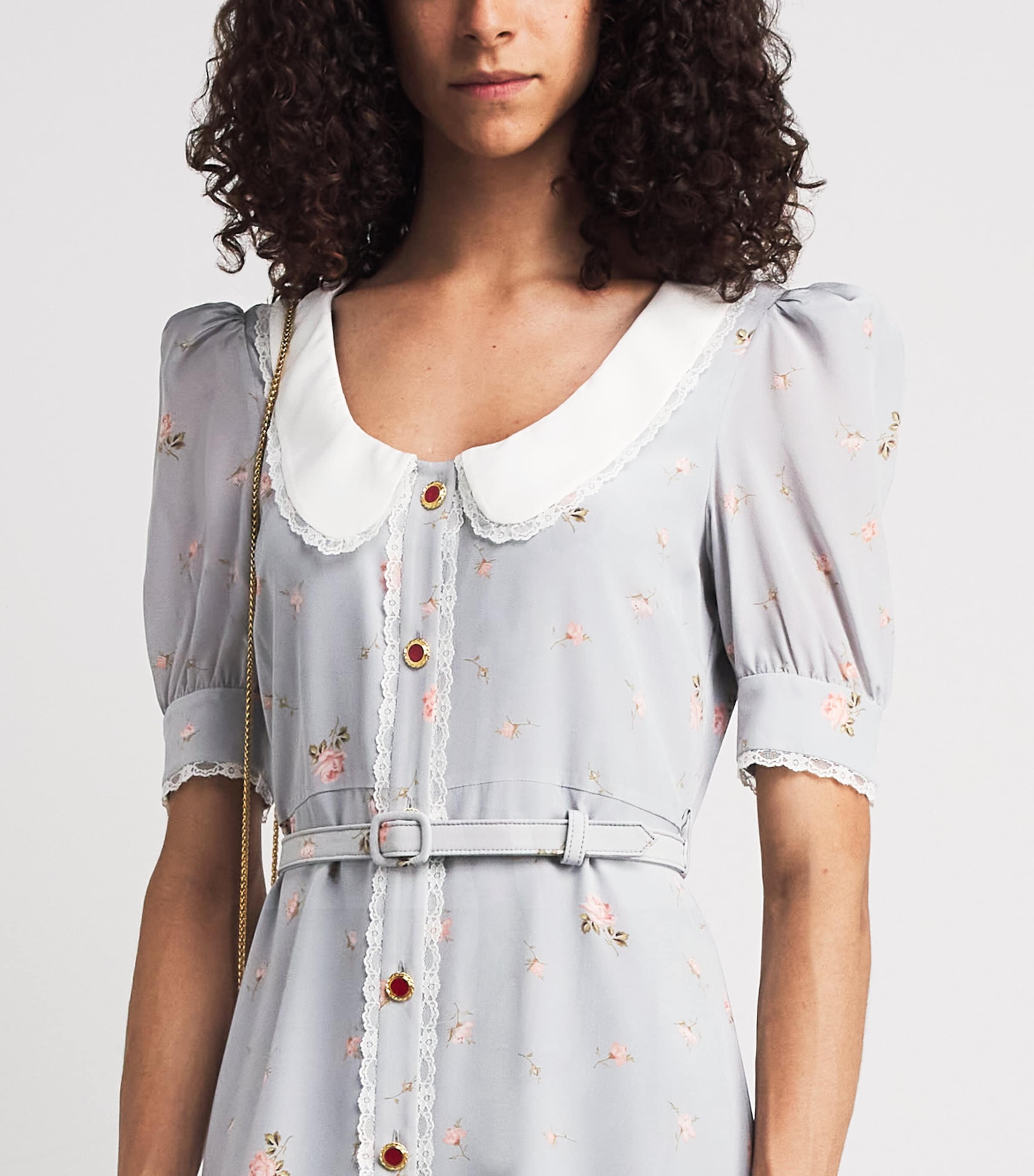 Alessandra Rich Womens Floral Print Belted Midi Dress Pearl Grey Pink Image 3