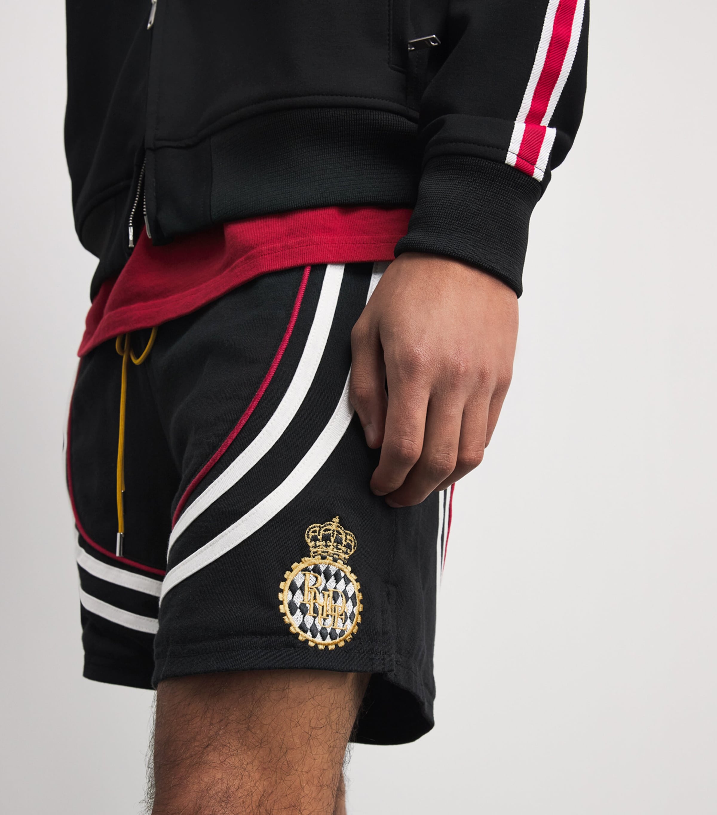 Rhude Mens Cotton Lago Veille Soccer Shorts Blk/wht/red Image 3