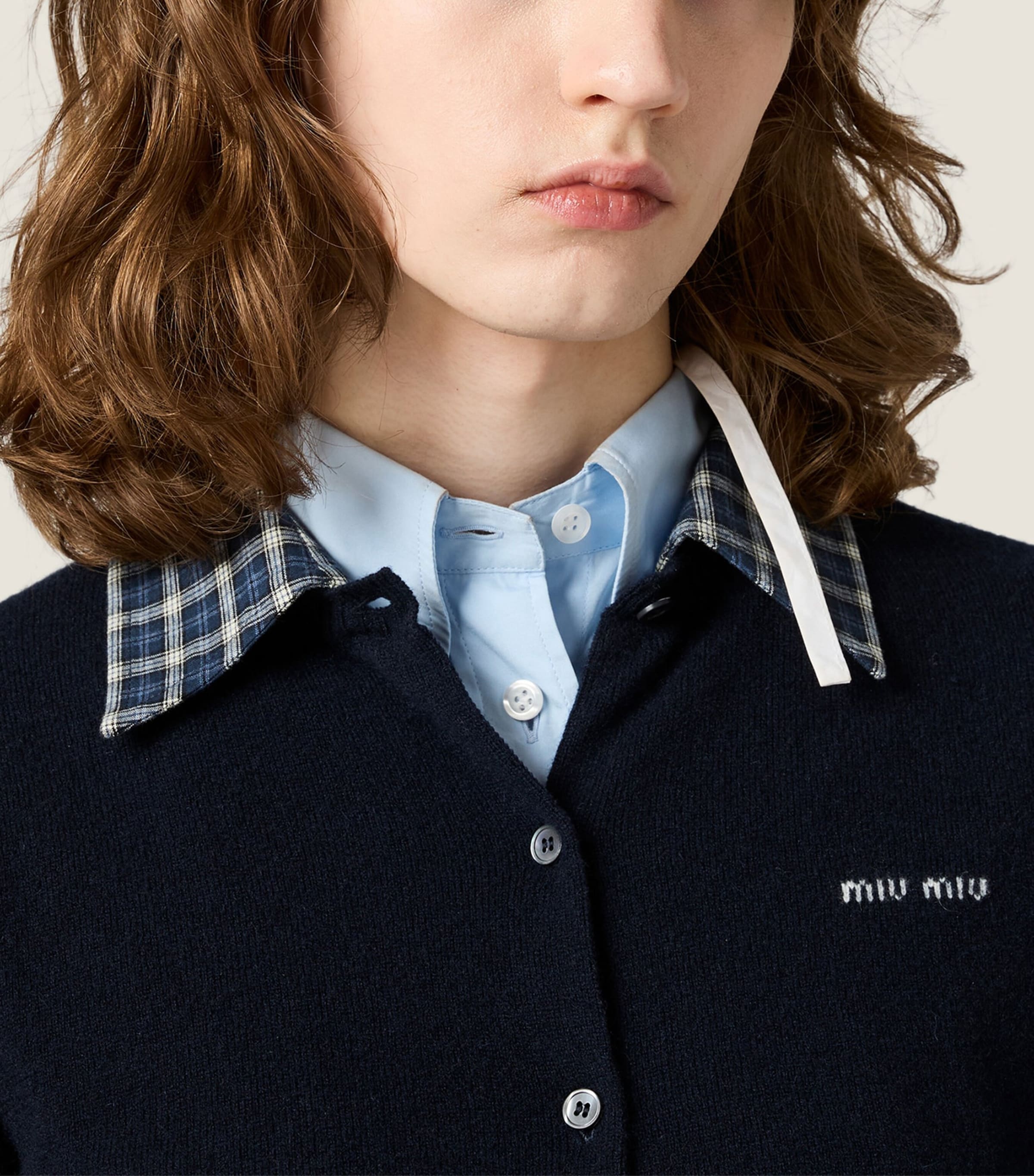 Miu Miu Womens Cashmere Check-Collar Cardigan Blue Image 5