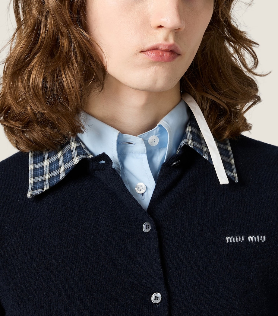 Miu Miu Womens Cashmere Check-Collar Cardigan Blue Image 5