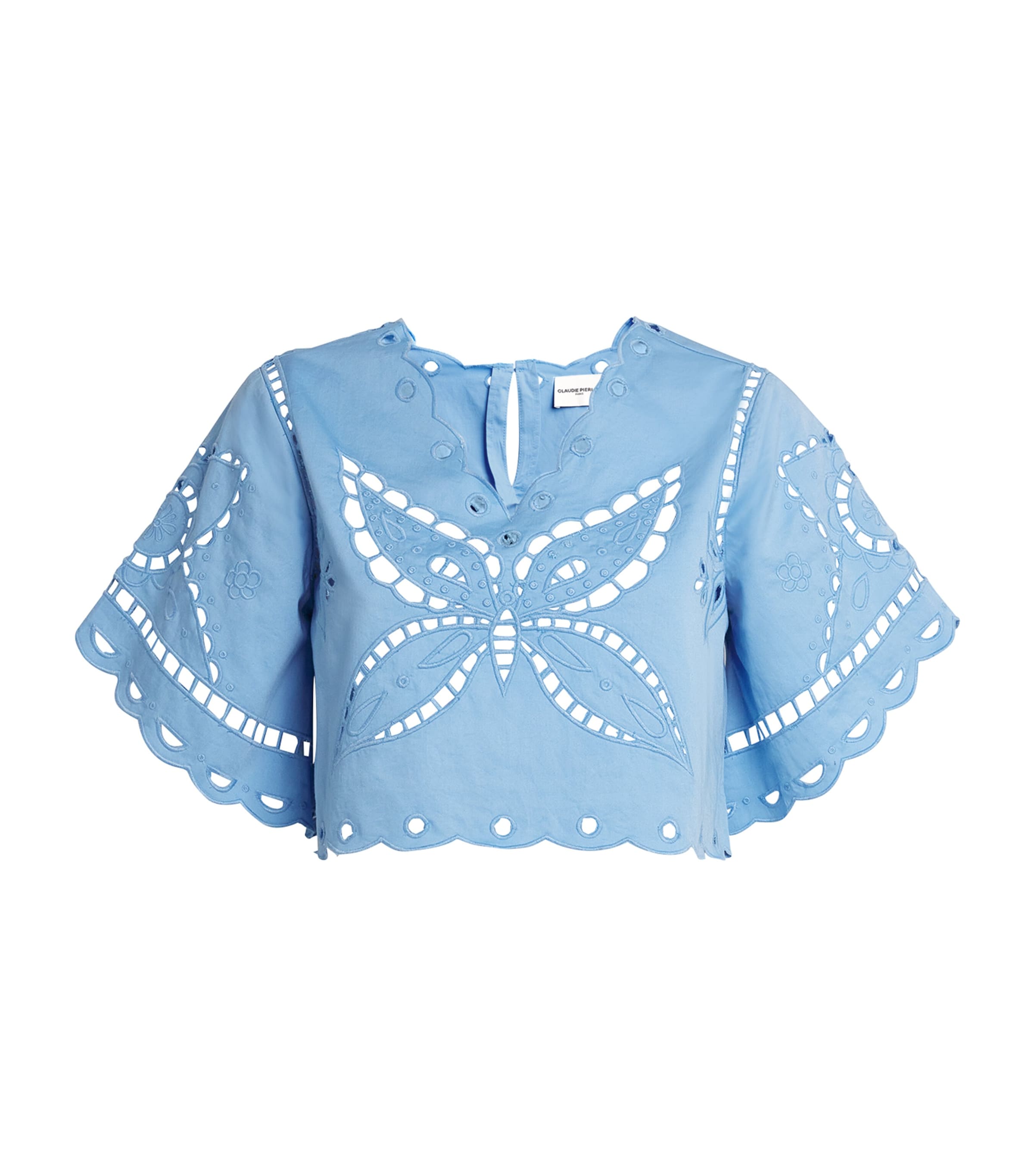 Claudie Pierlot Womens Bleus Butterfly-embroidered Relaxed-fit Cotton Top In Blue