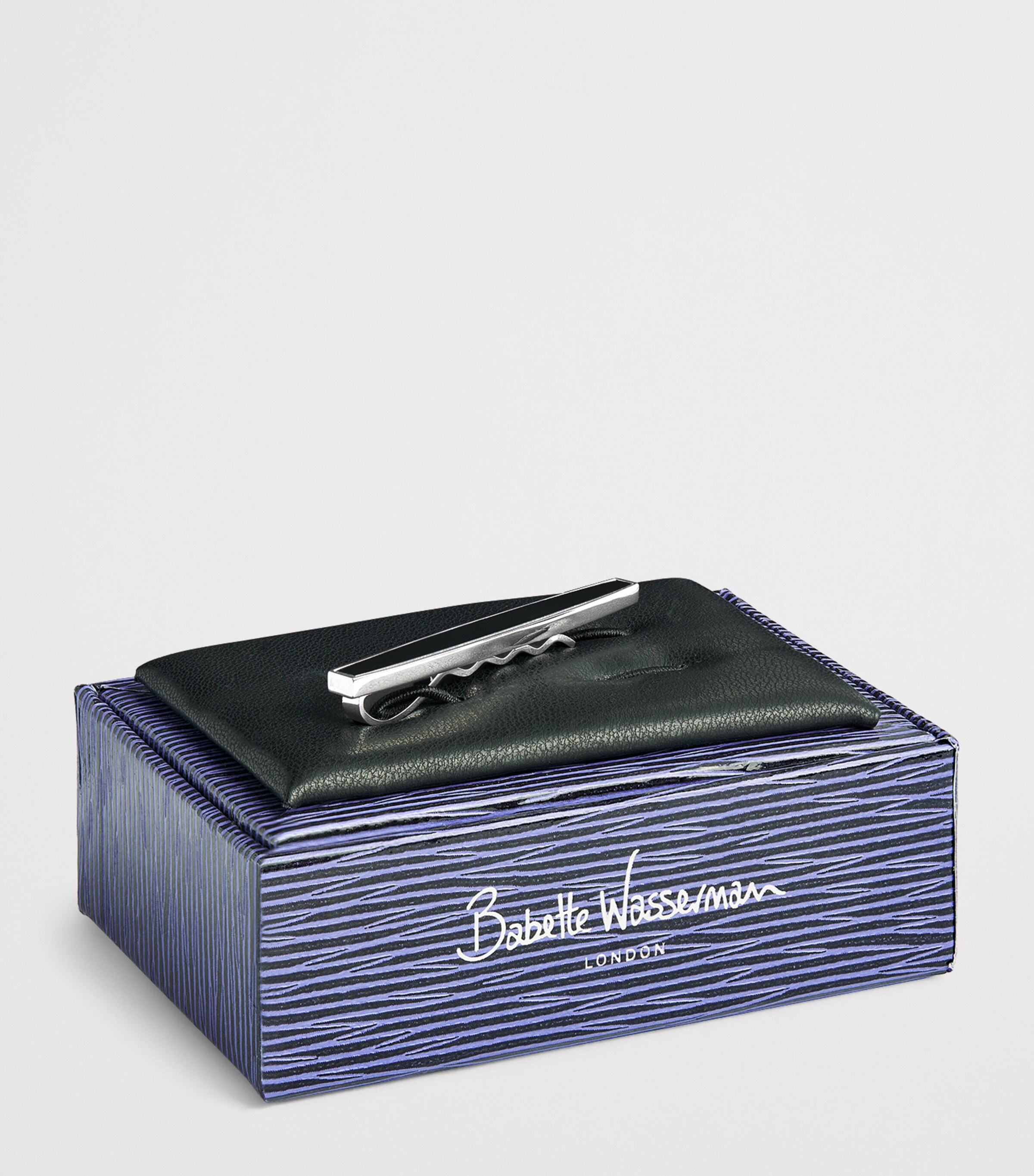 Babette Wasserman Mens Rhodium-Plated Deco Tie Bar Cufflinks Onyx Image 3