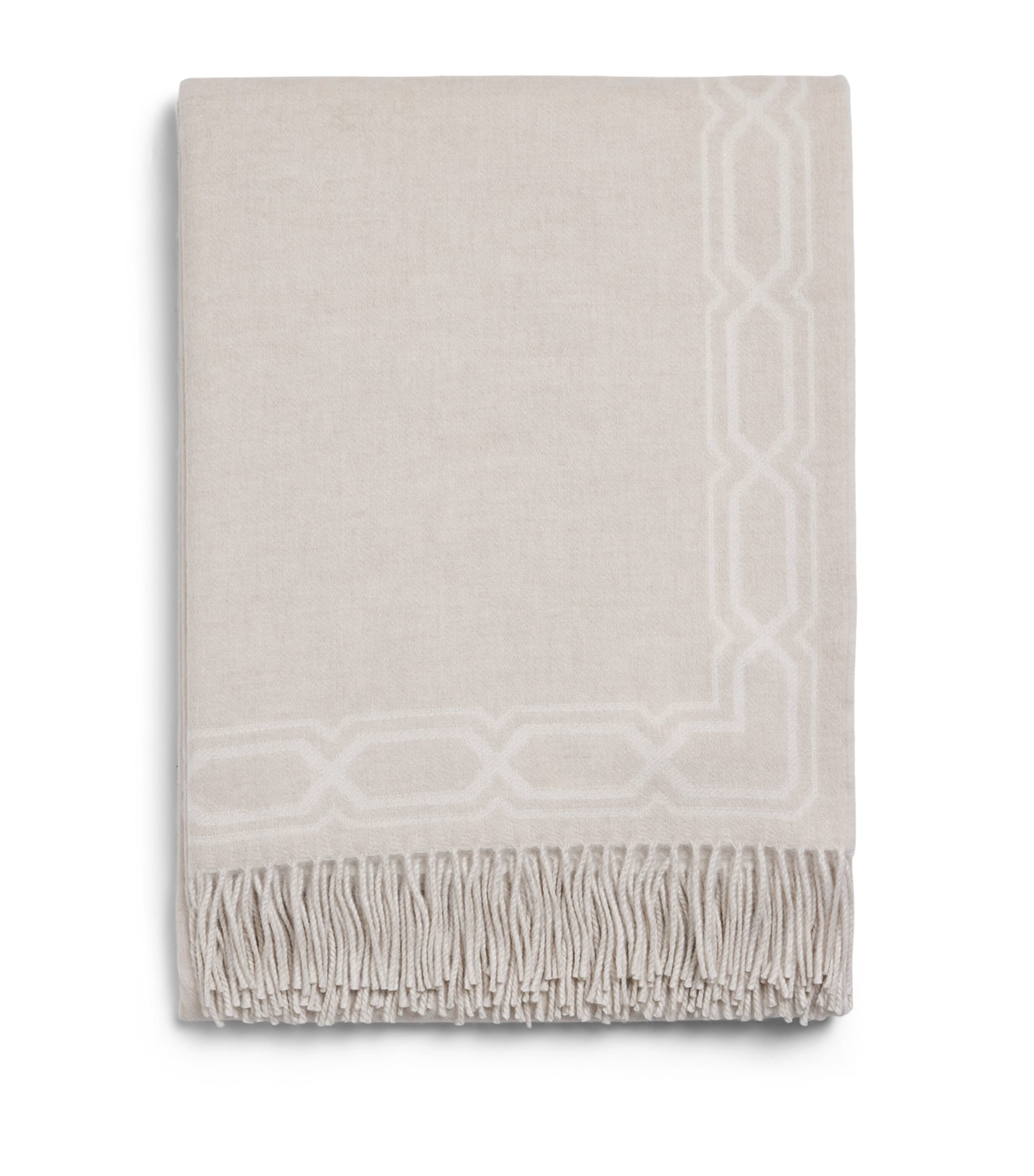 Harrods of London Lambswool-Cashmere Fringed Throw (140cm x 180cm) Ecru & Volga Image 1