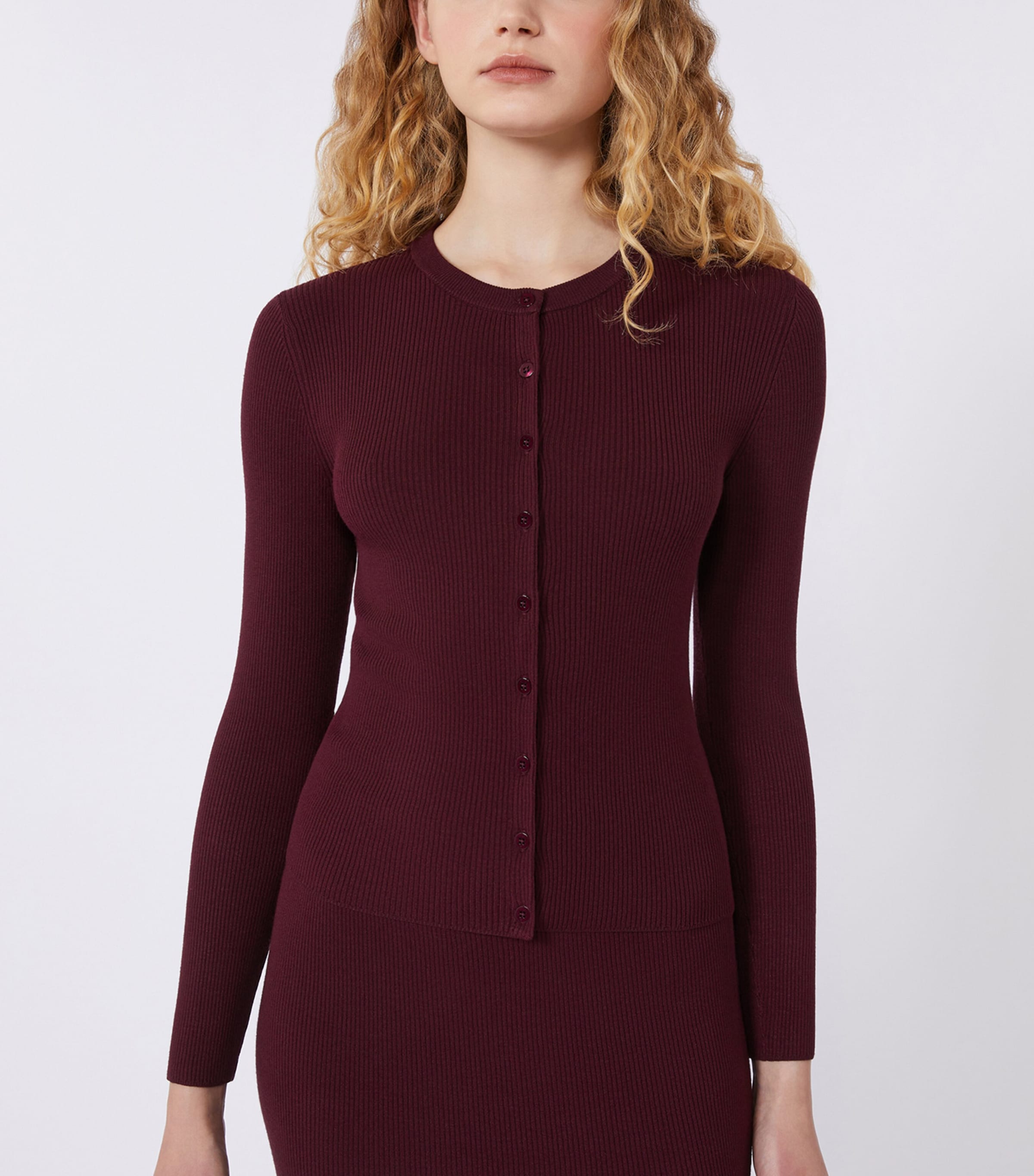 Weekend Max Mara Womens Ribbed Crew-Neck Cardigan Bordeaux Image 4