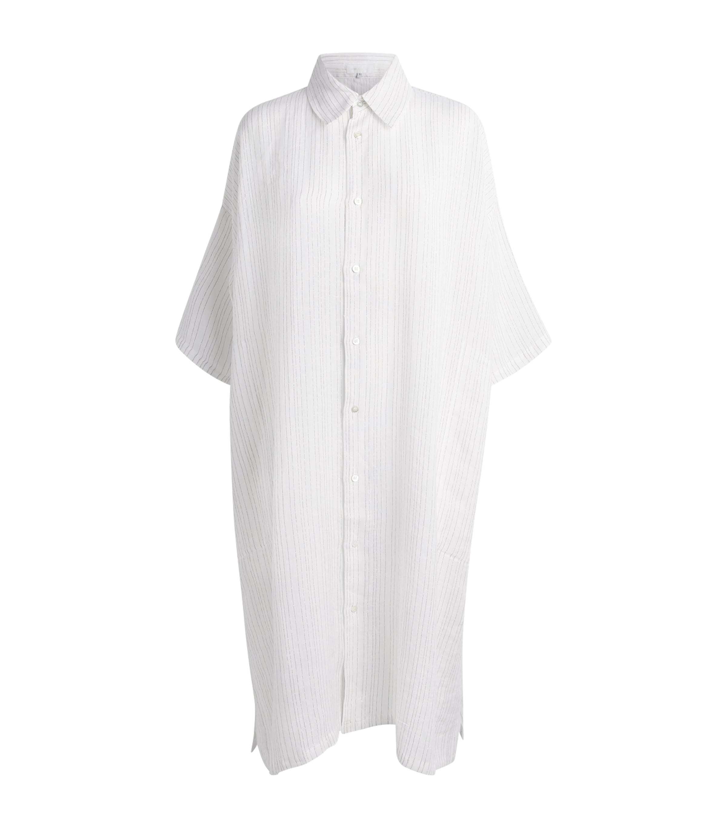 Eskandar Linen-blend Stripe Midi Shirt Dress In White