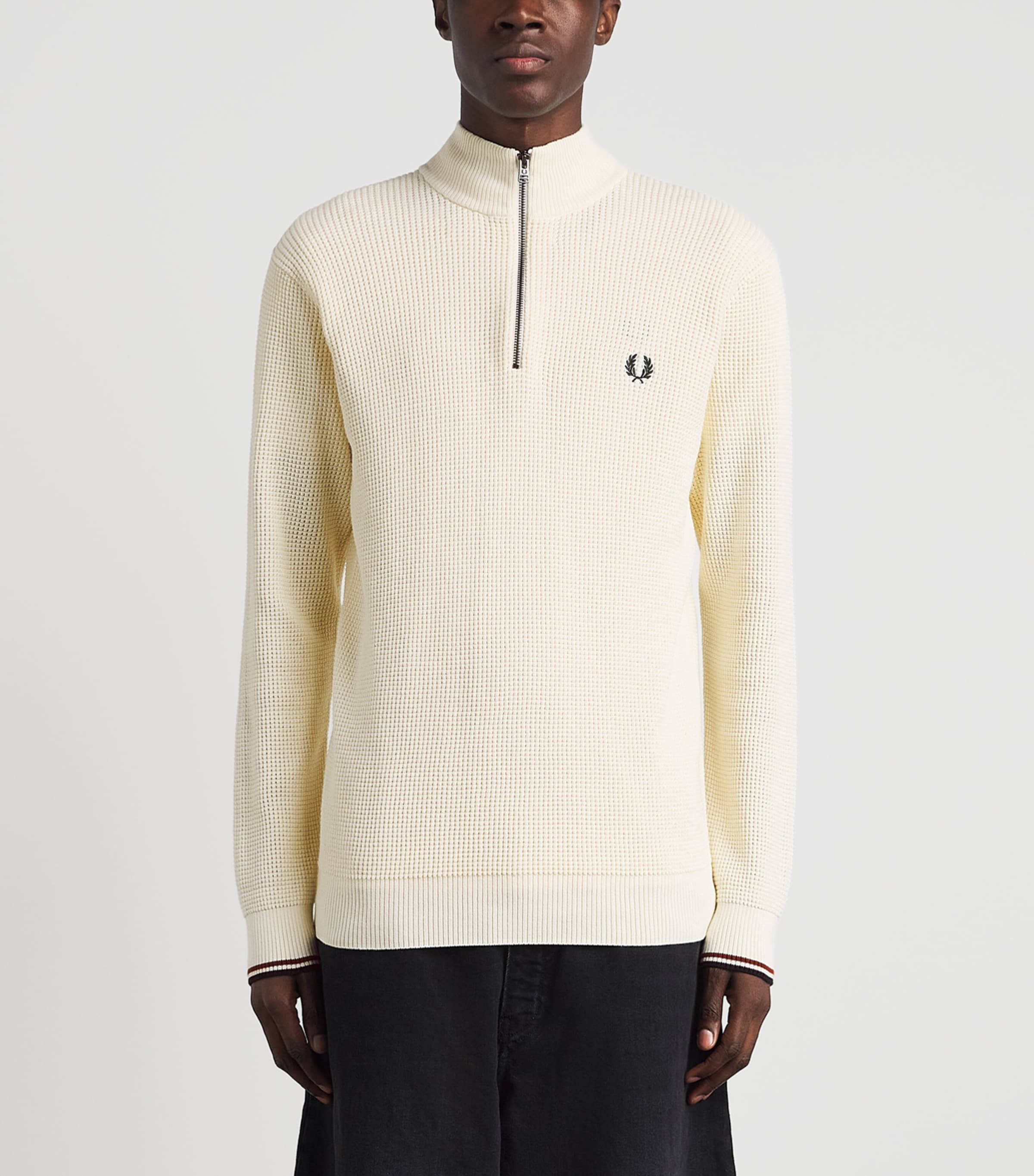Fred Perry Mens Cotton Waffle-Knit Quarter-Zip Sweatshirt Ecru Image 4
