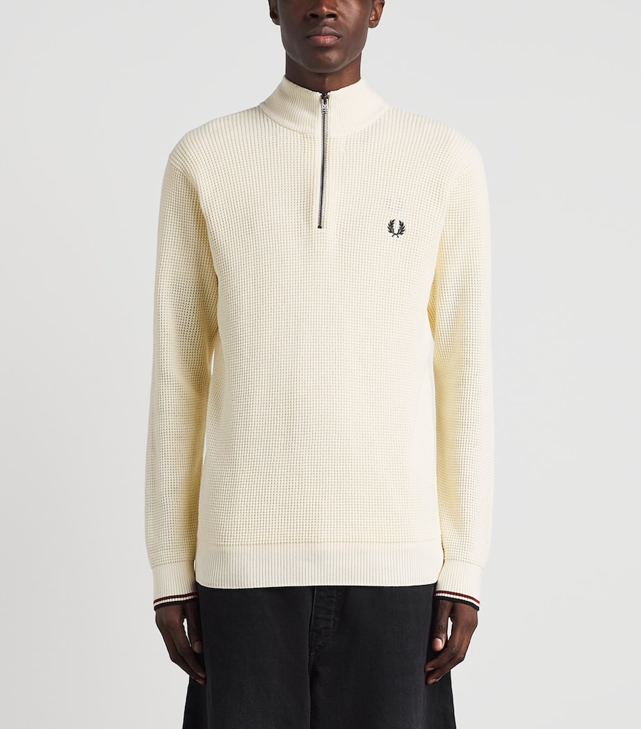 Fred Perry Mens Cotton Waffle-Knit Quarter-Zip Sweatshirt Ecru Image 4