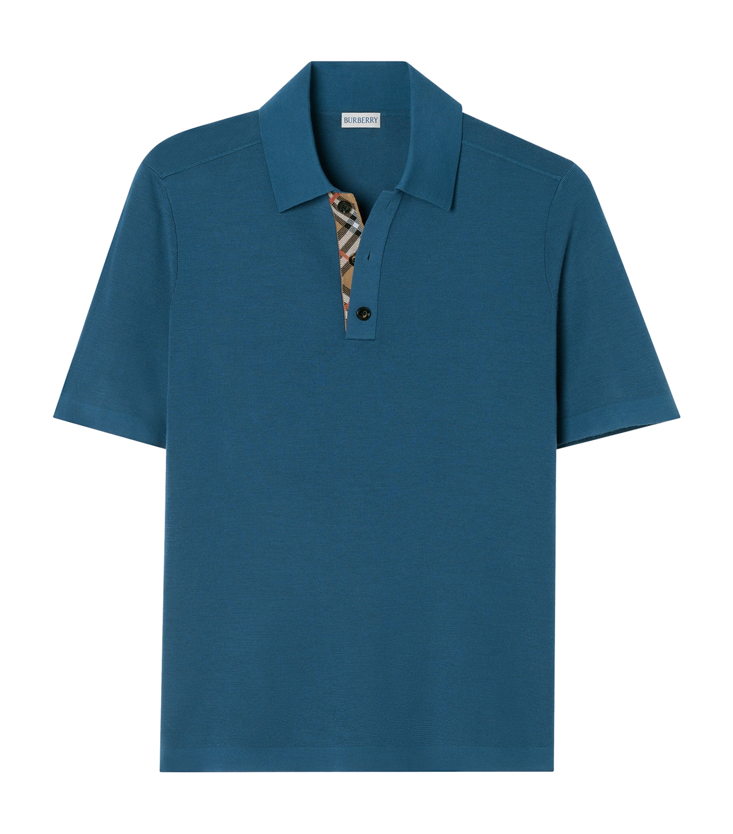 Burberry Mens Wool Check-Trim Polo Shirt Officers Blue Image 1