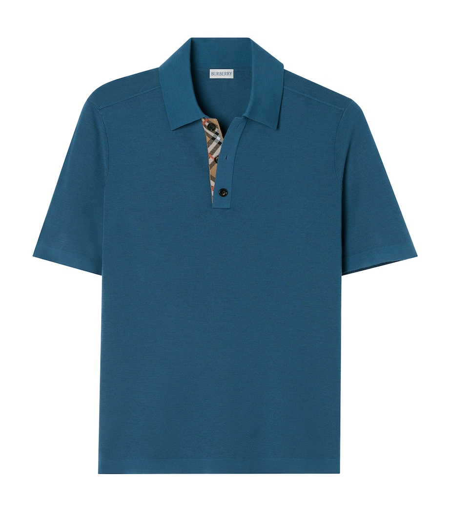 Burberry Mens Wool Check-Trim Polo Shirt Officers Blue Image 1