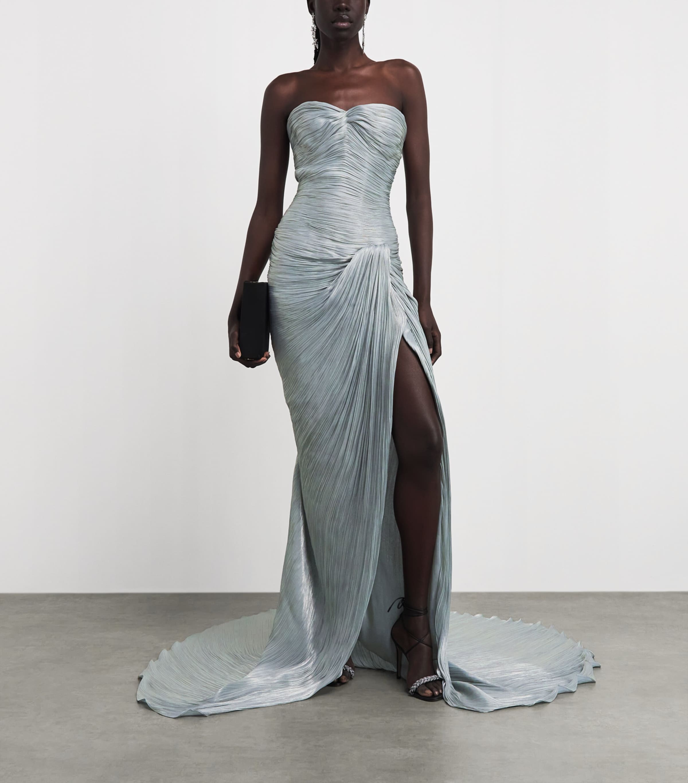 Marmar Halim Womens Asymmetric Pleated Cape Gown Blue Gray Image 6