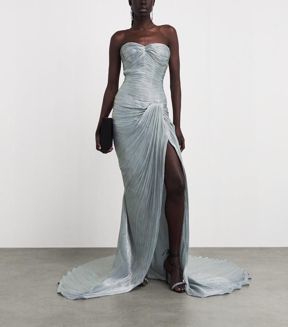 Marmar Halim Womens Asymmetric Pleated Cape Gown Blue Gray Image 6