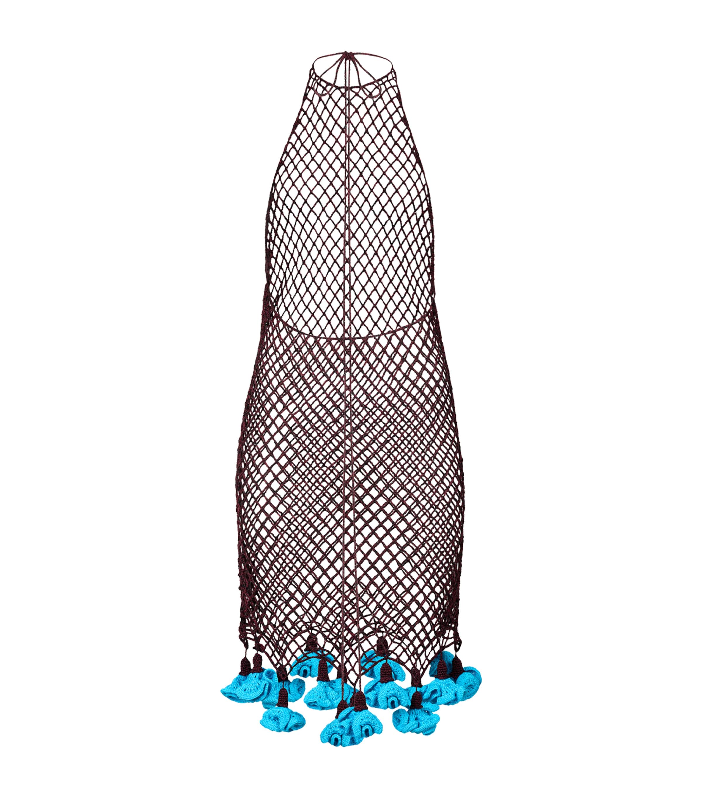 Alaïa Womens Net Floral Crochet Halterneck Mini Dress Burgundy/blue Image 2