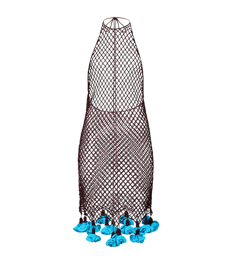 Alaïa Womens Net Floral Crochet Halterneck Mini Dress Burgundy/blue Image 2
