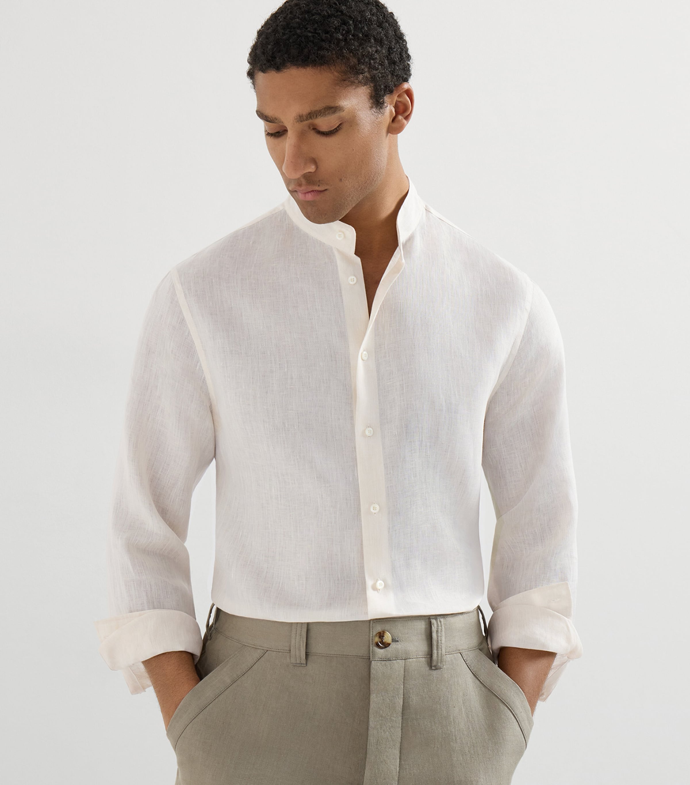 Brunello Cucinelli Mens Linen Mandarin Collar Shirt Image 4