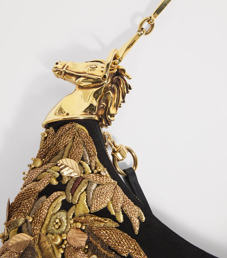 Suede Embellished Horse Shoulder Bag BLACK Image 6