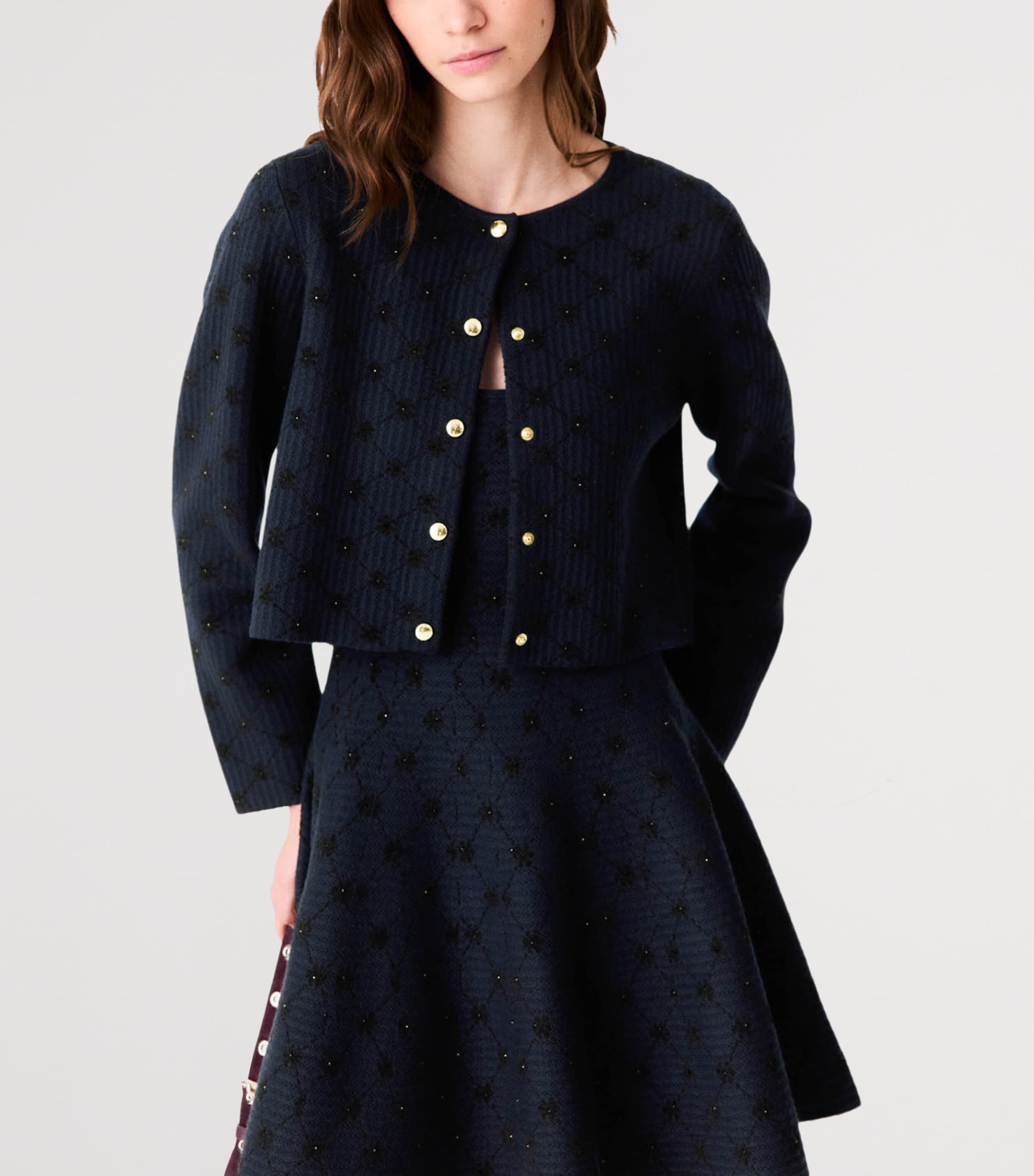 Maje Womens Embellished Jacquard Cropped Cardigan Navy Image 5
