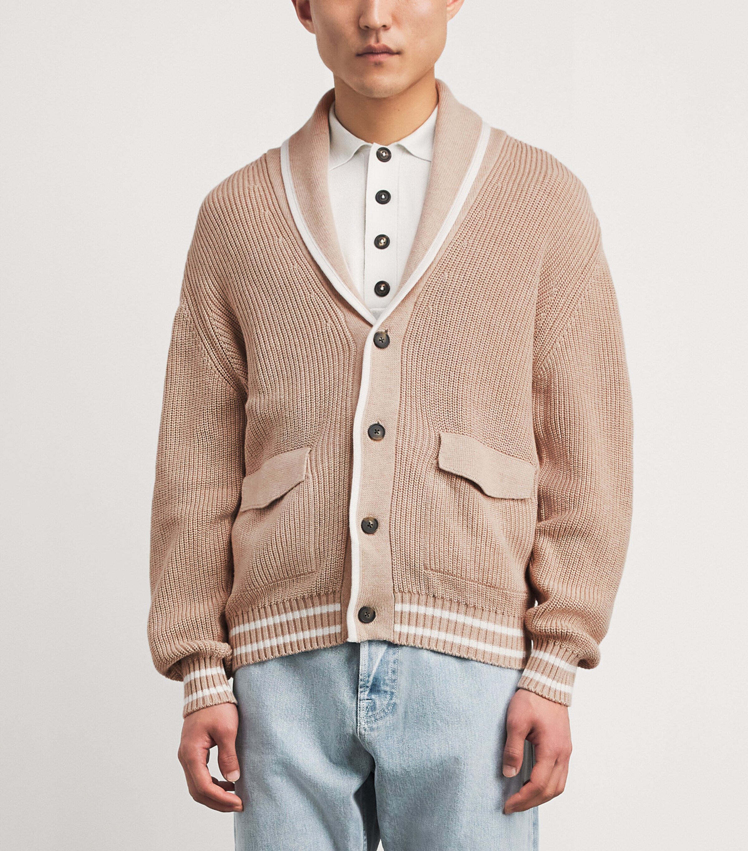 Eleventy Mens Cotton Shawl Cardigan Sabbia E Bianco Image 4