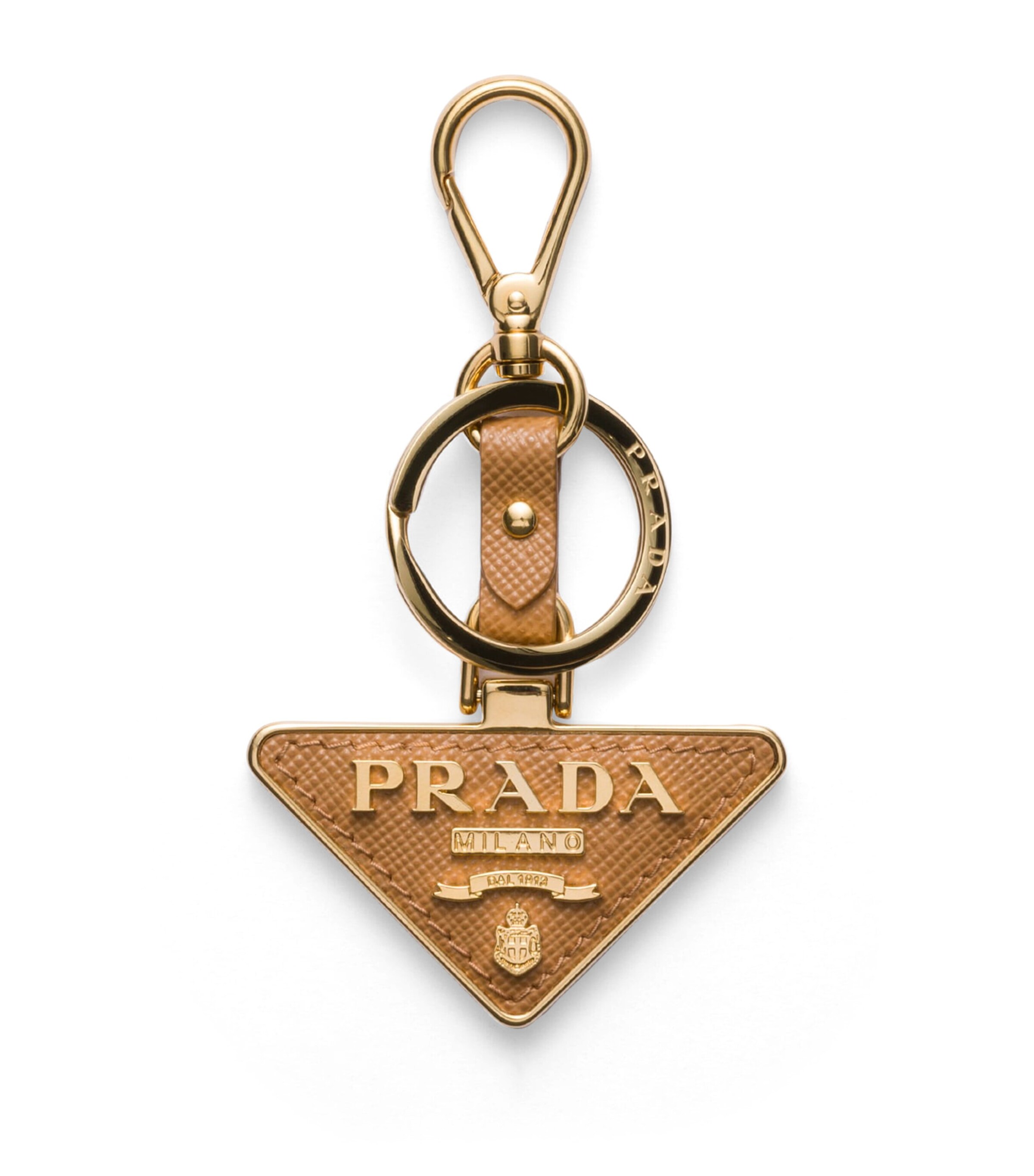 Prada Saffiano Leather And Metal Keychain In Natural