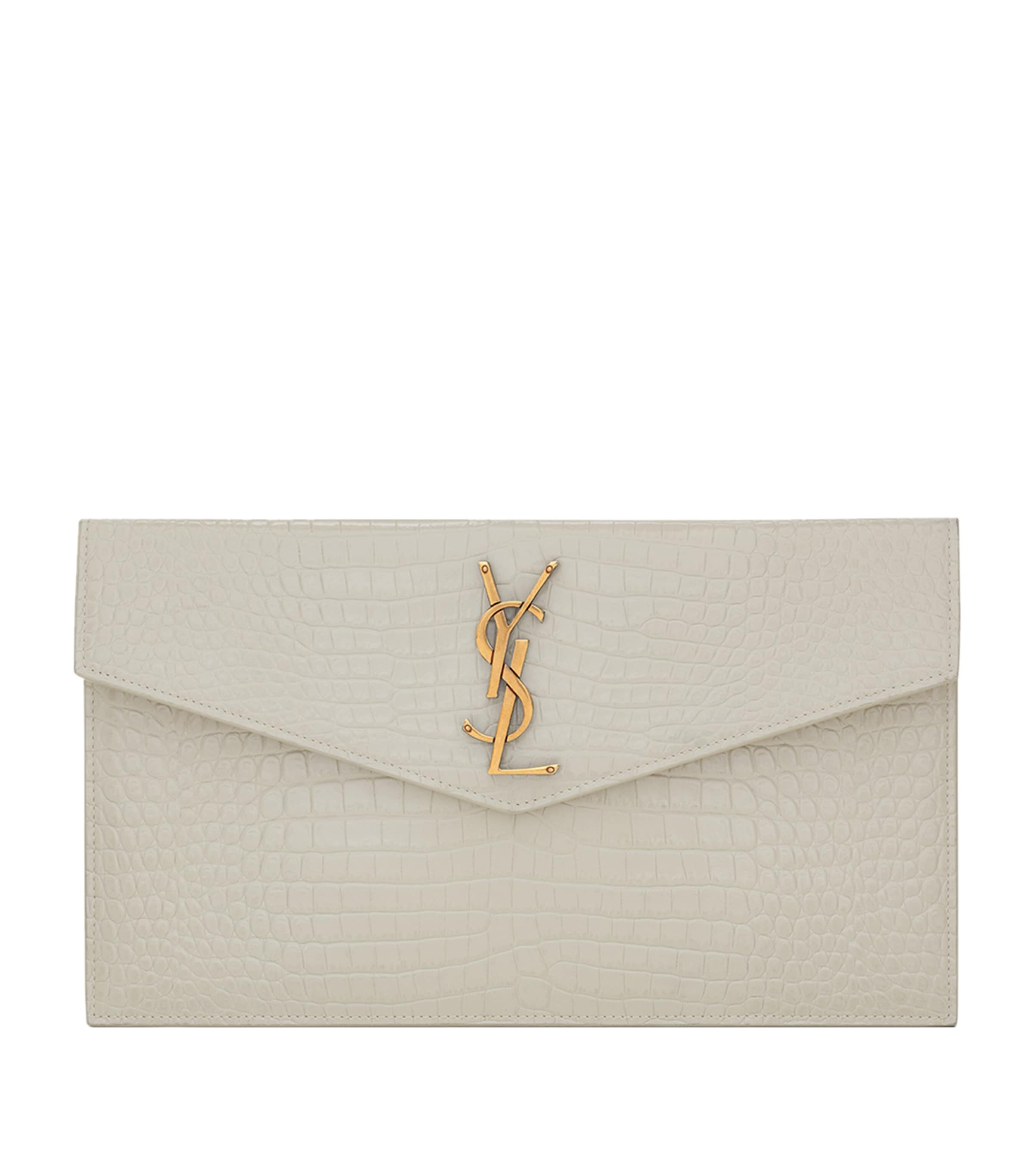 Saint Laurent Croc-embossed Uptown Envelope Pouch In White