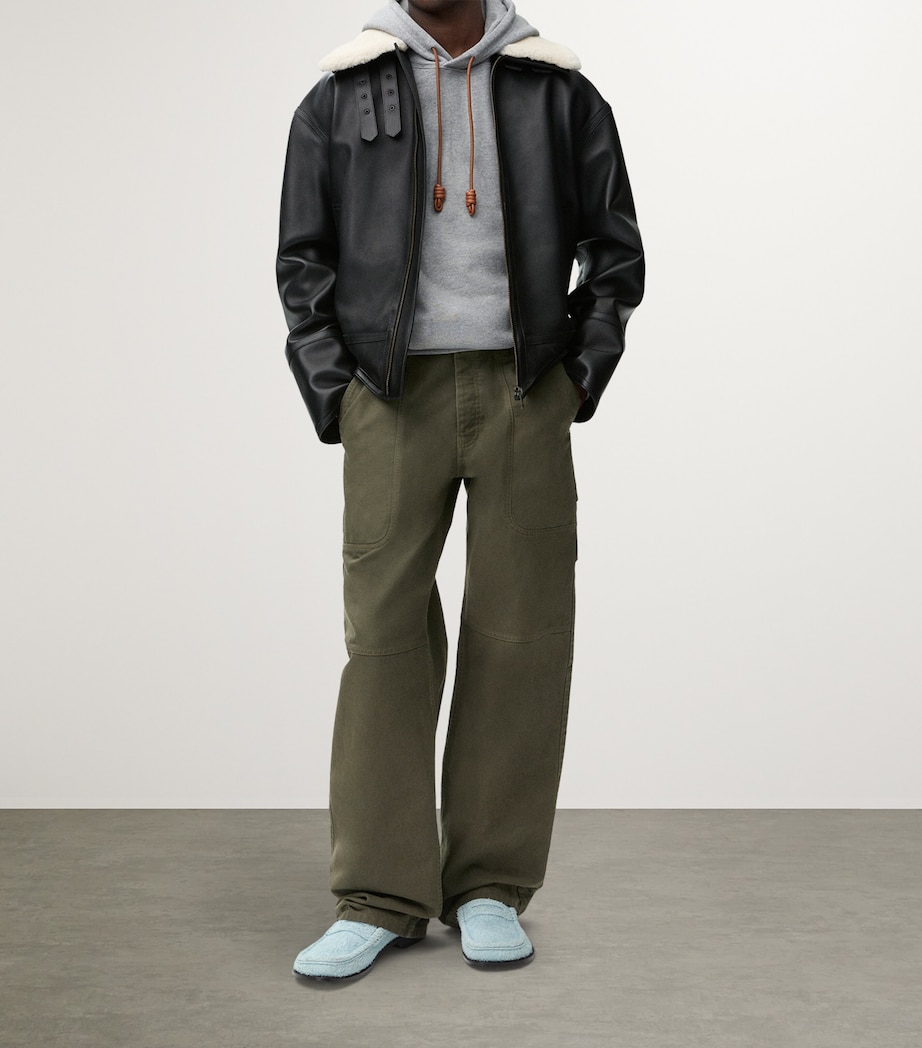LOEWE Mens Cotton-Blend Leather-Anagram Hoodie Grey Melange Image 2