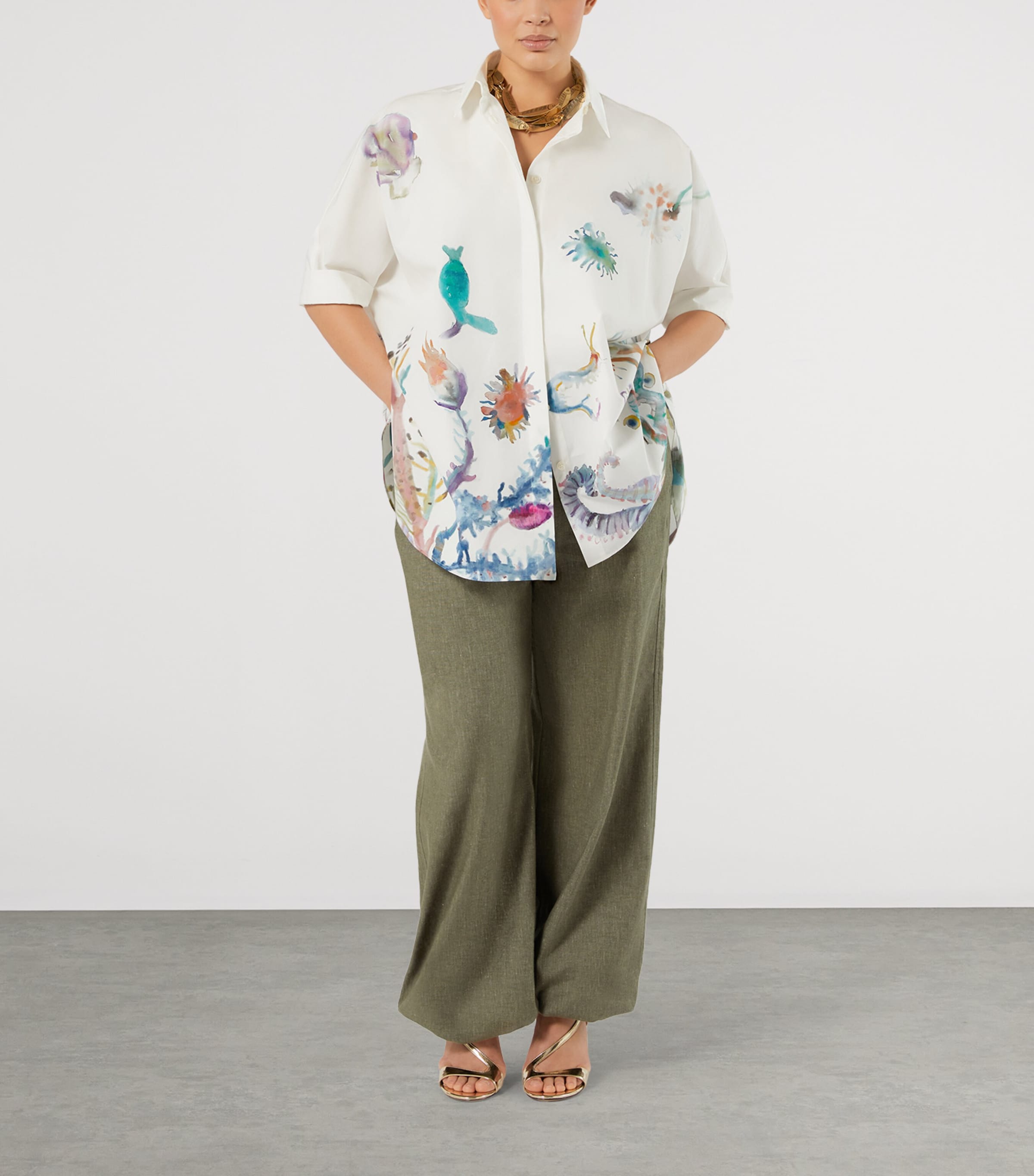Marina Rinaldi Womens Cotton Printed Short-Sleeve Shirt Ice Image 2
