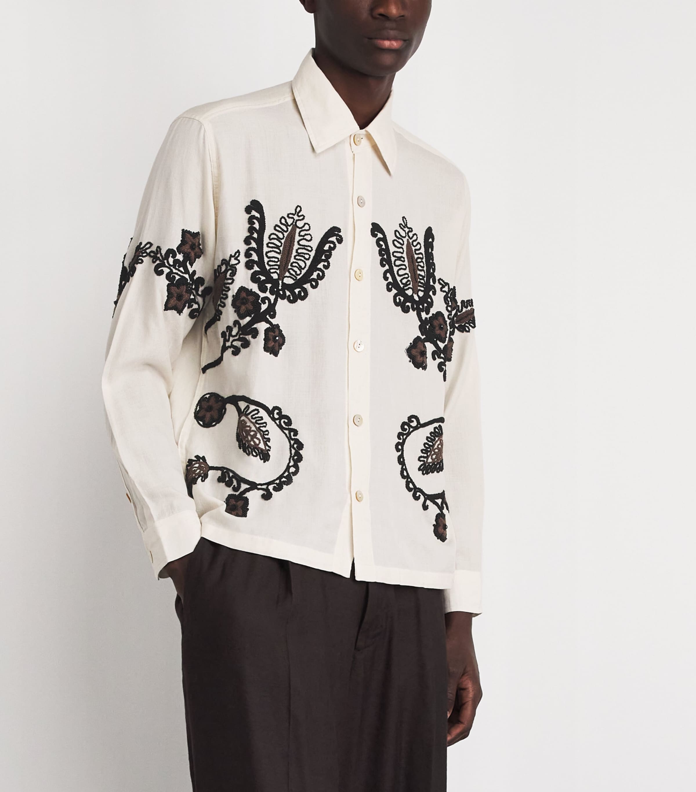 Kartik Research Mens Cotton Embroidered Floral Shirt Ecru/ Black/ Brown Image 4