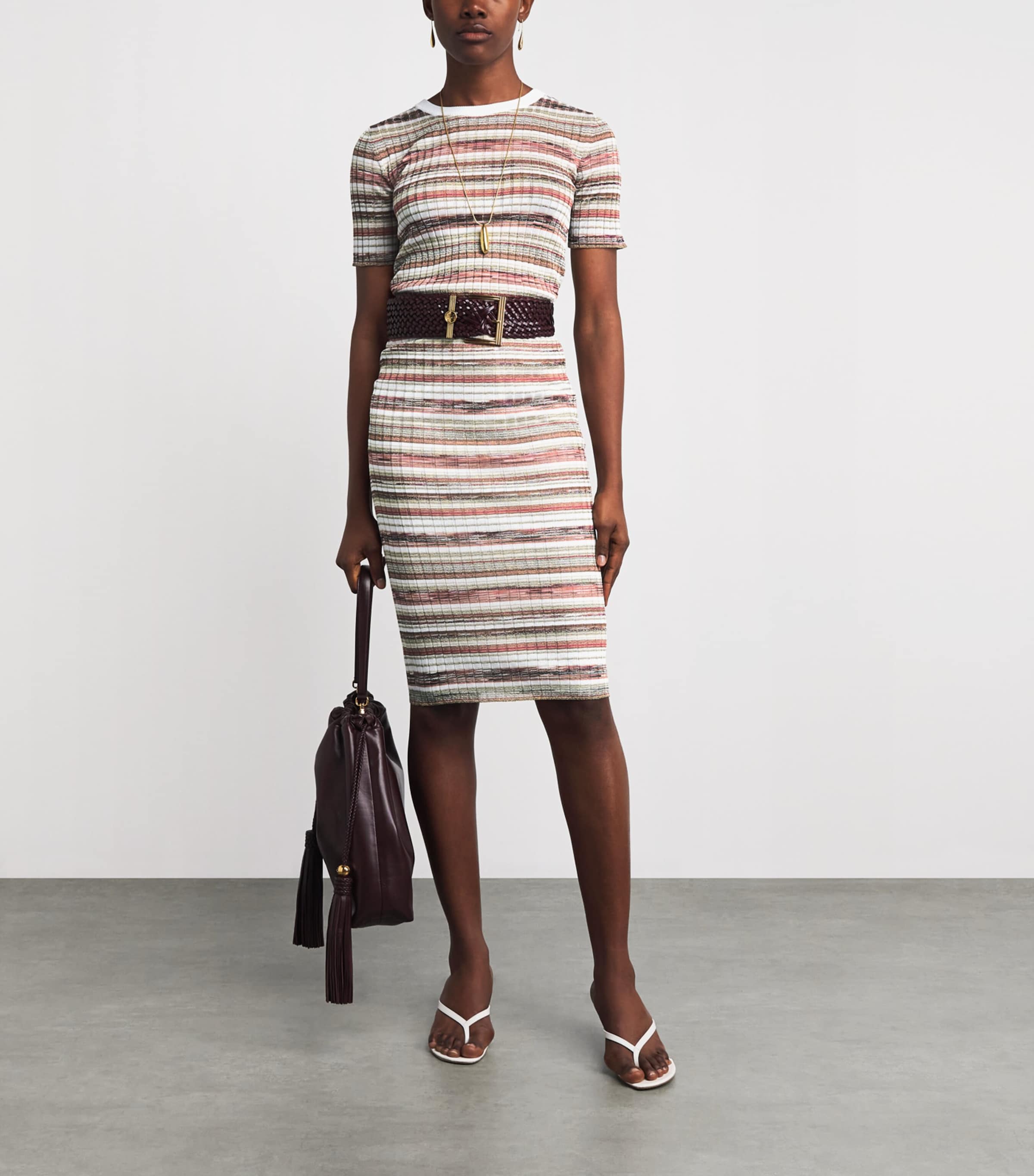 Missoni Womens Ribbed Stripe T-Shirt Pnk W Brn & Wt Image 2