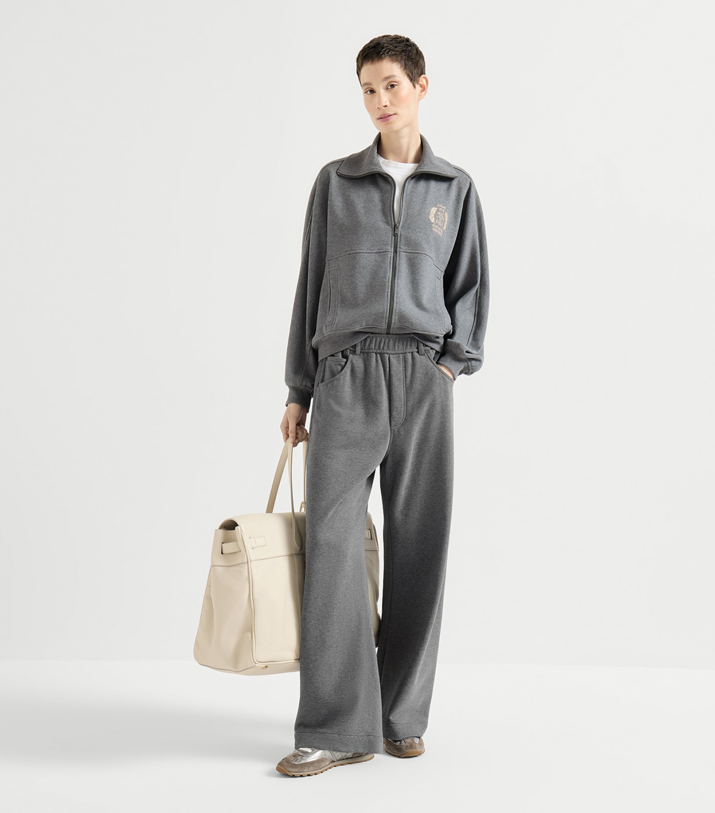 Brunello Cucinelli Grey Cotton French Terry Zip-Up Sweatshirt