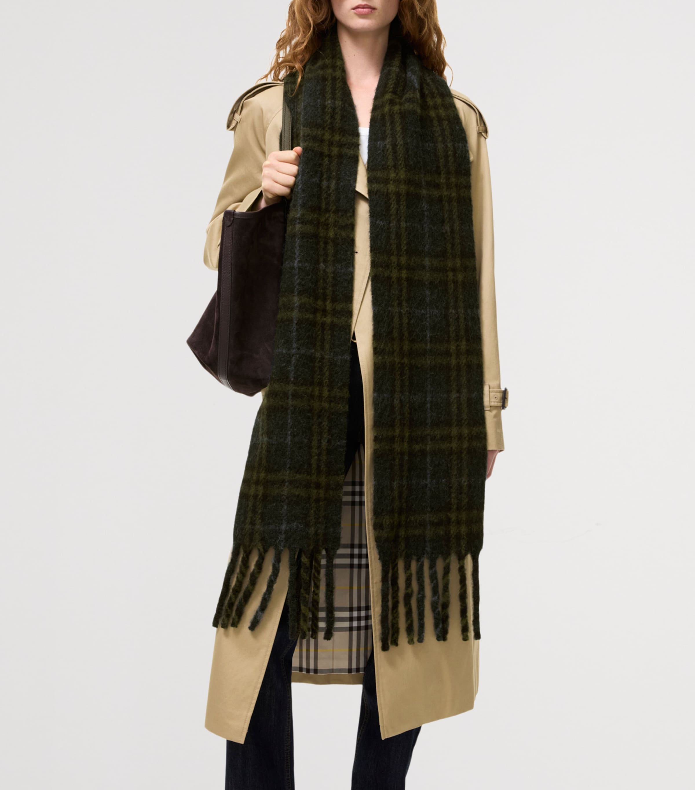 Burberry Wool-Blend Narrow Check Scarf Seaweed Green Image 3
