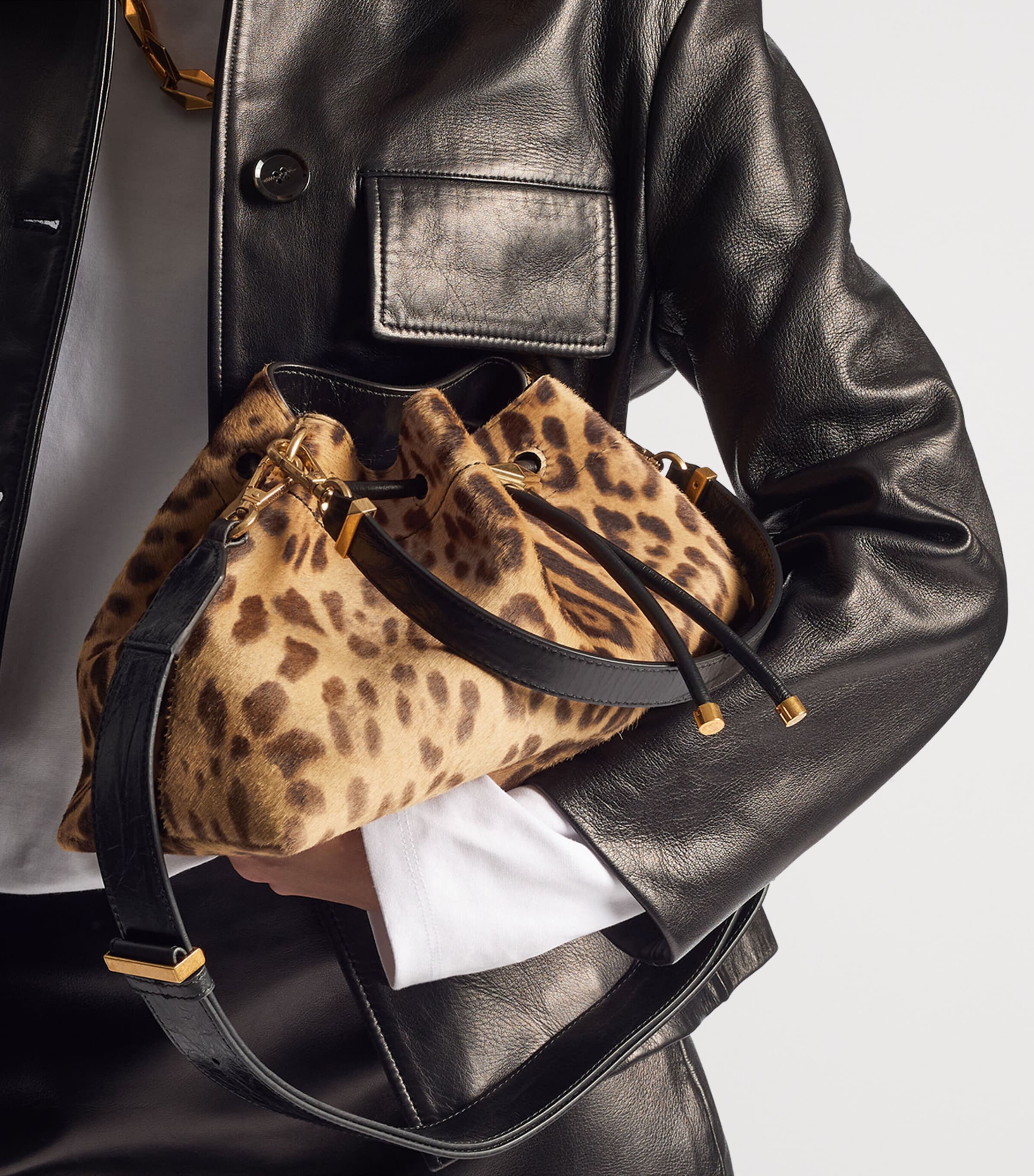 Jimmy Choo Medium Cinch Leopard Print Bucket Bag Natural/gold Image 2