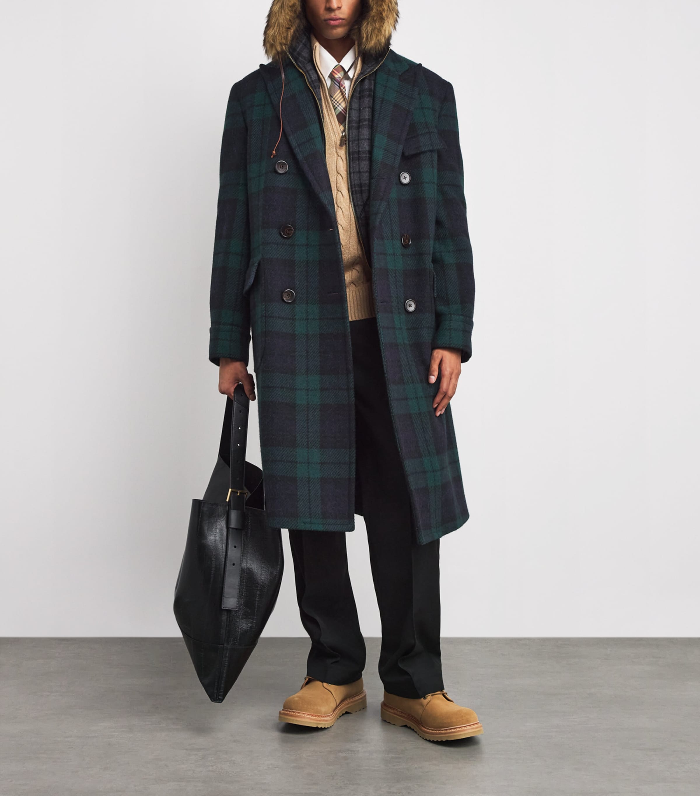 Wool Tweed Double-Breasted Overcoat BLACK Image 2