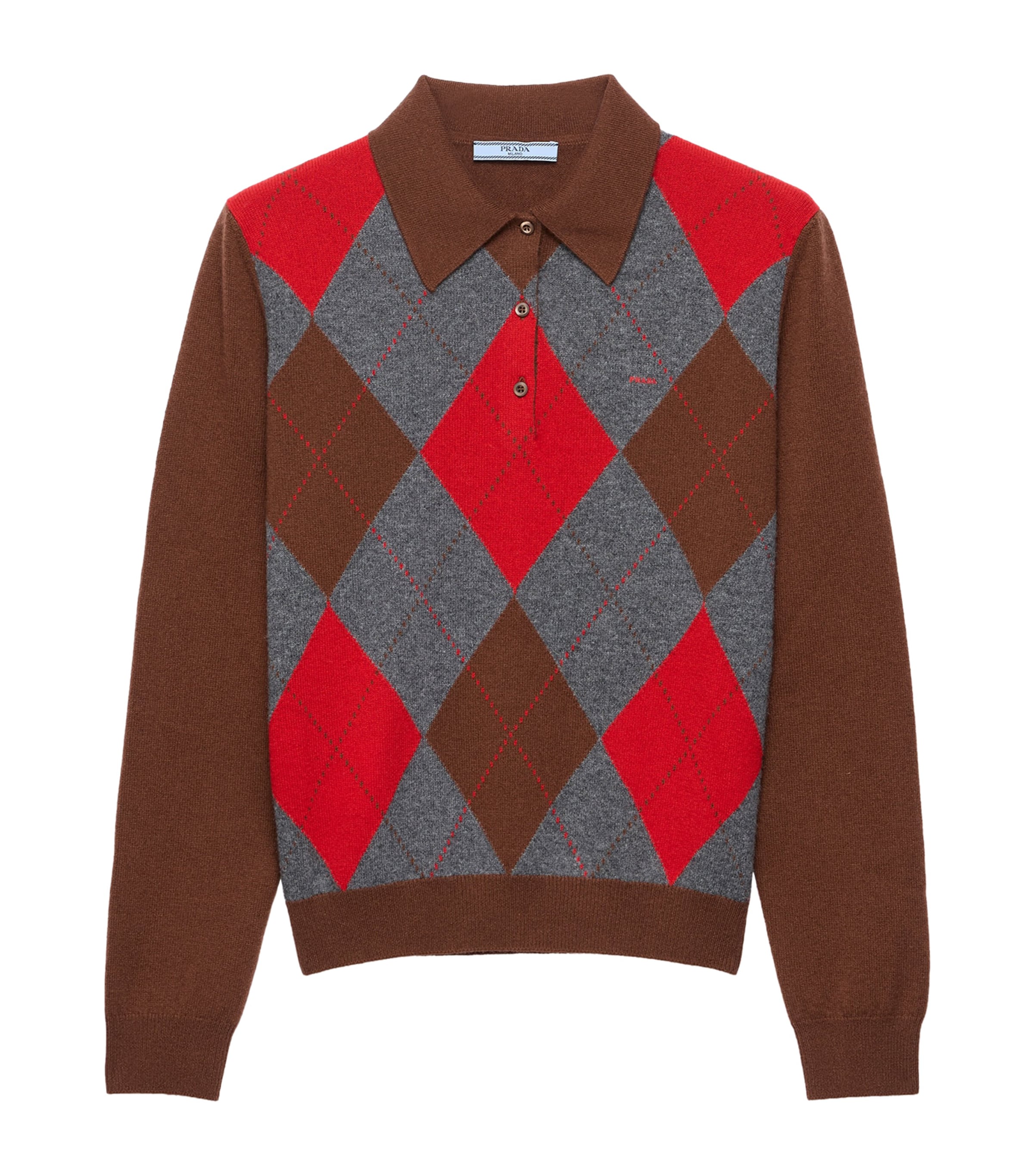 Prada Womens Cashmere Argyle Polo Sweater Brown Image 1