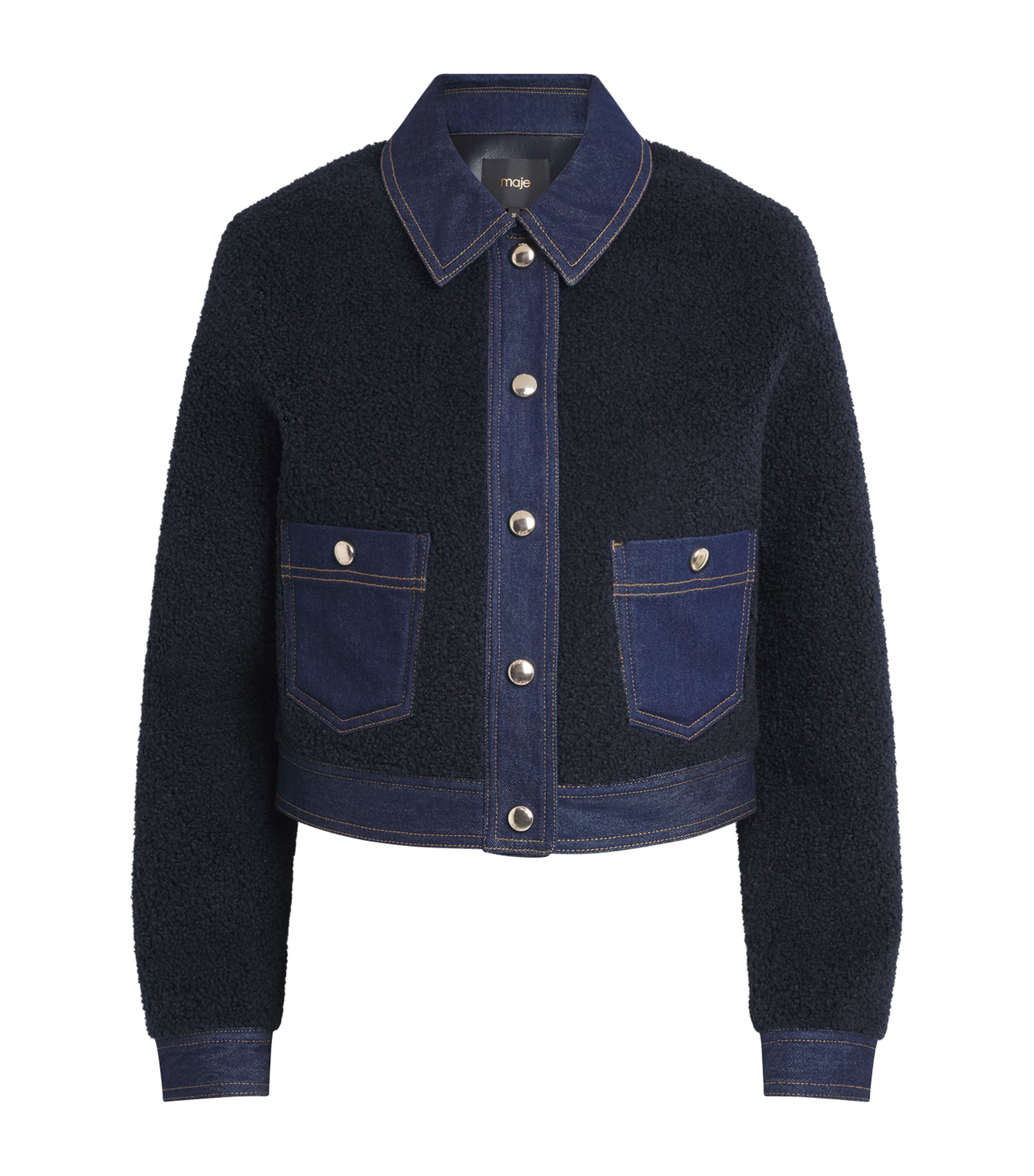 Maje Womens Bouclé Denim-Trim Jacket Navy Image 1