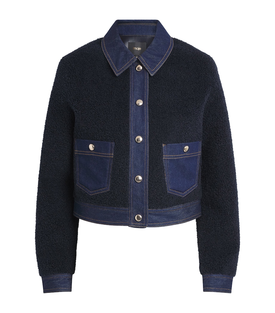 Maje Womens Bouclé Denim-Trim Jacket Navy Image 1