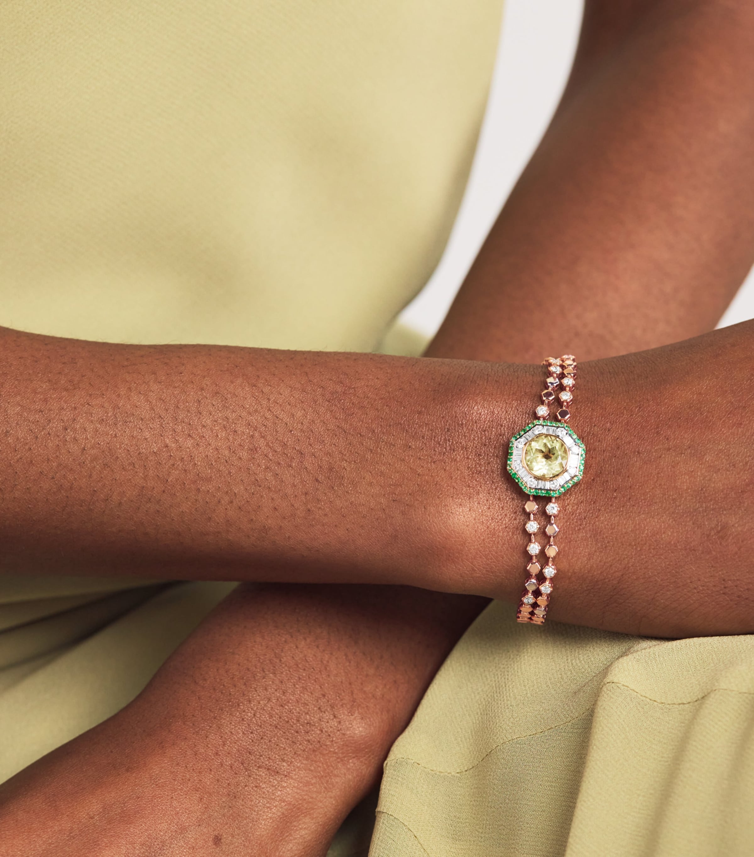 Yellow Gold, Diamond, Peridot and Emerald Honeycomb Bracelet ROSE GOLD Image 5