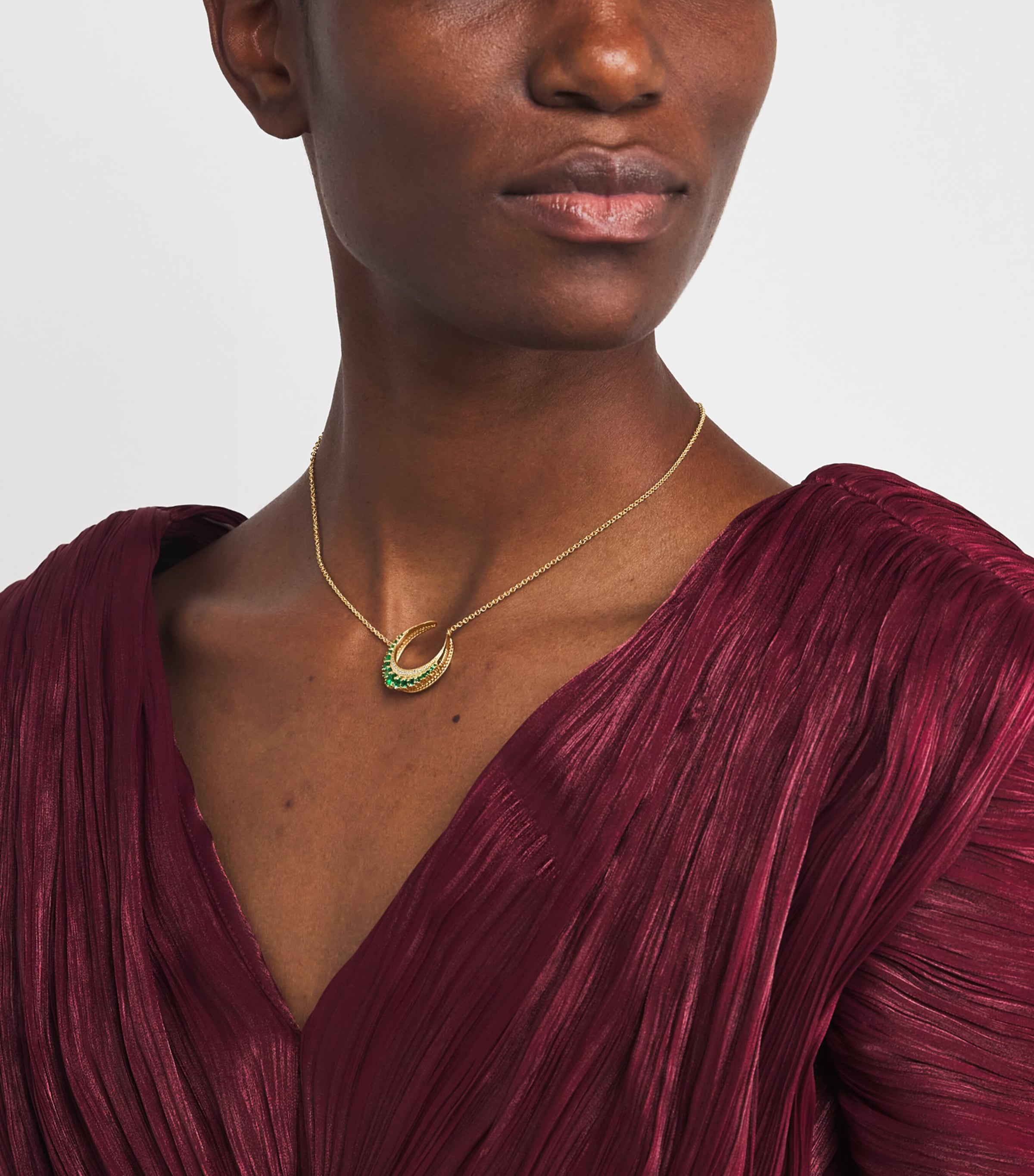 Small Yellow Gold, Diamond and Emerald Crescent Moon Necklace YELLOW GOLD Image 2