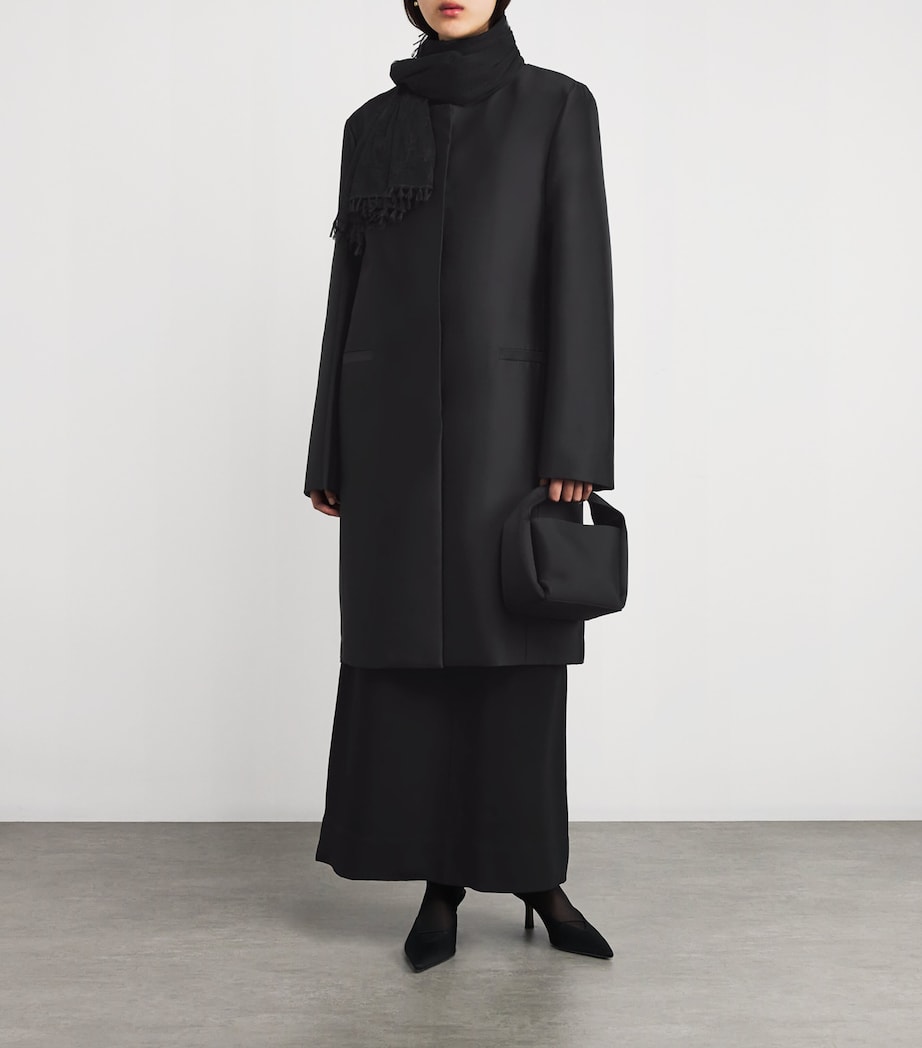 Silk Collarless Midi Coat 001 BLACK Image 2