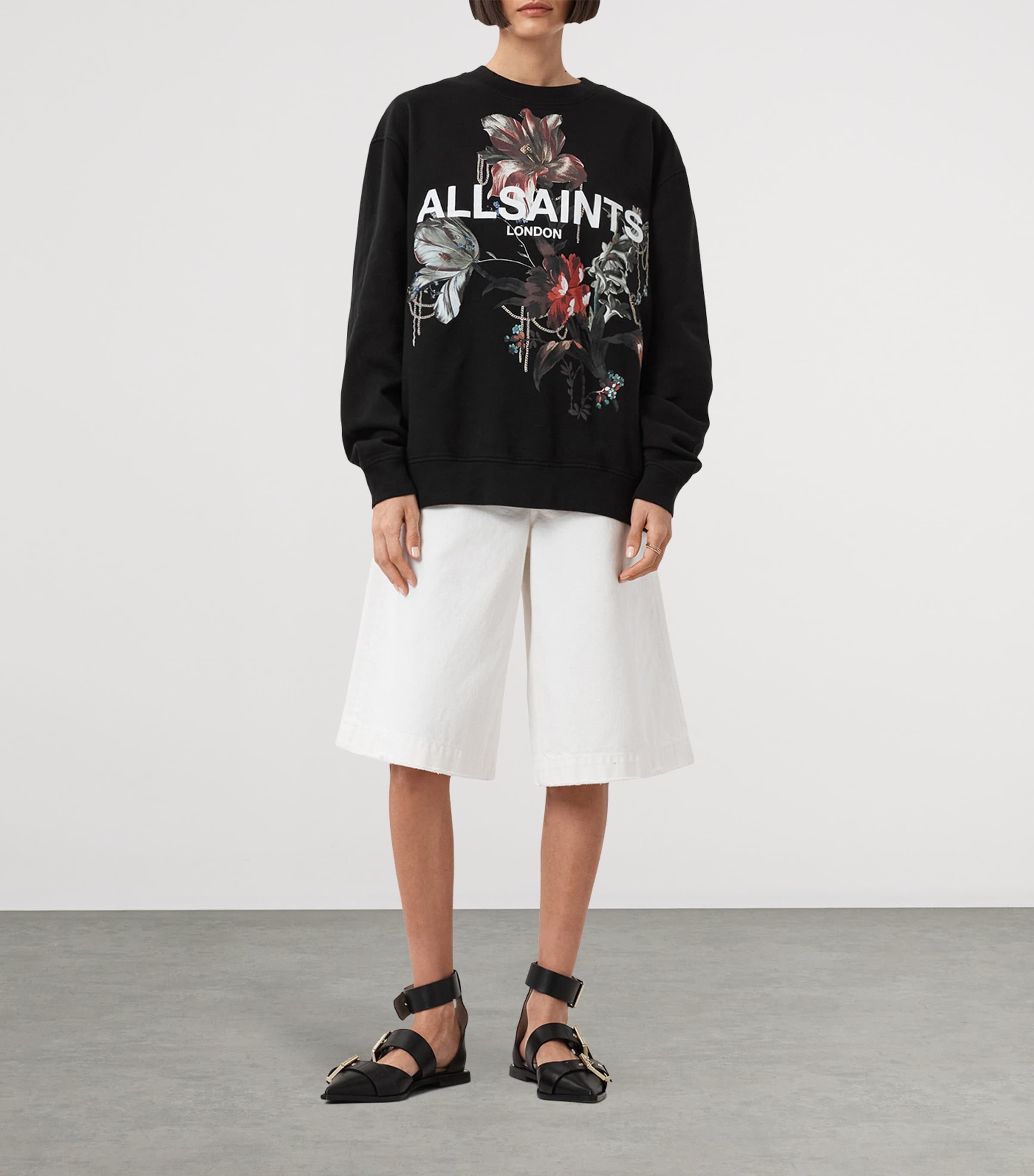 AllSaints Womens Cotton Floral Logo Etta Sweatshirt Black Image 2