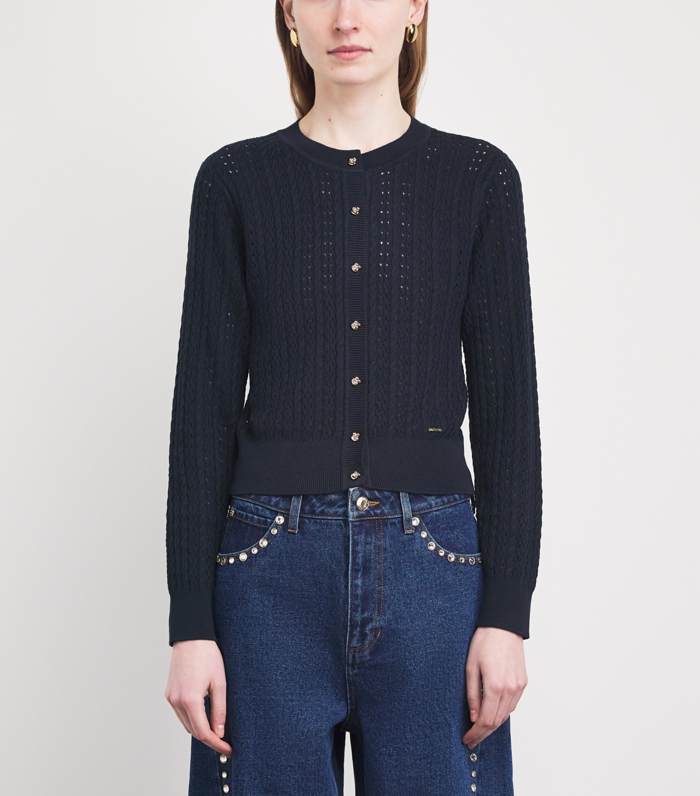 Sandro Paris Womens Cropped Openwork Cardigan Navy Blue Image 4