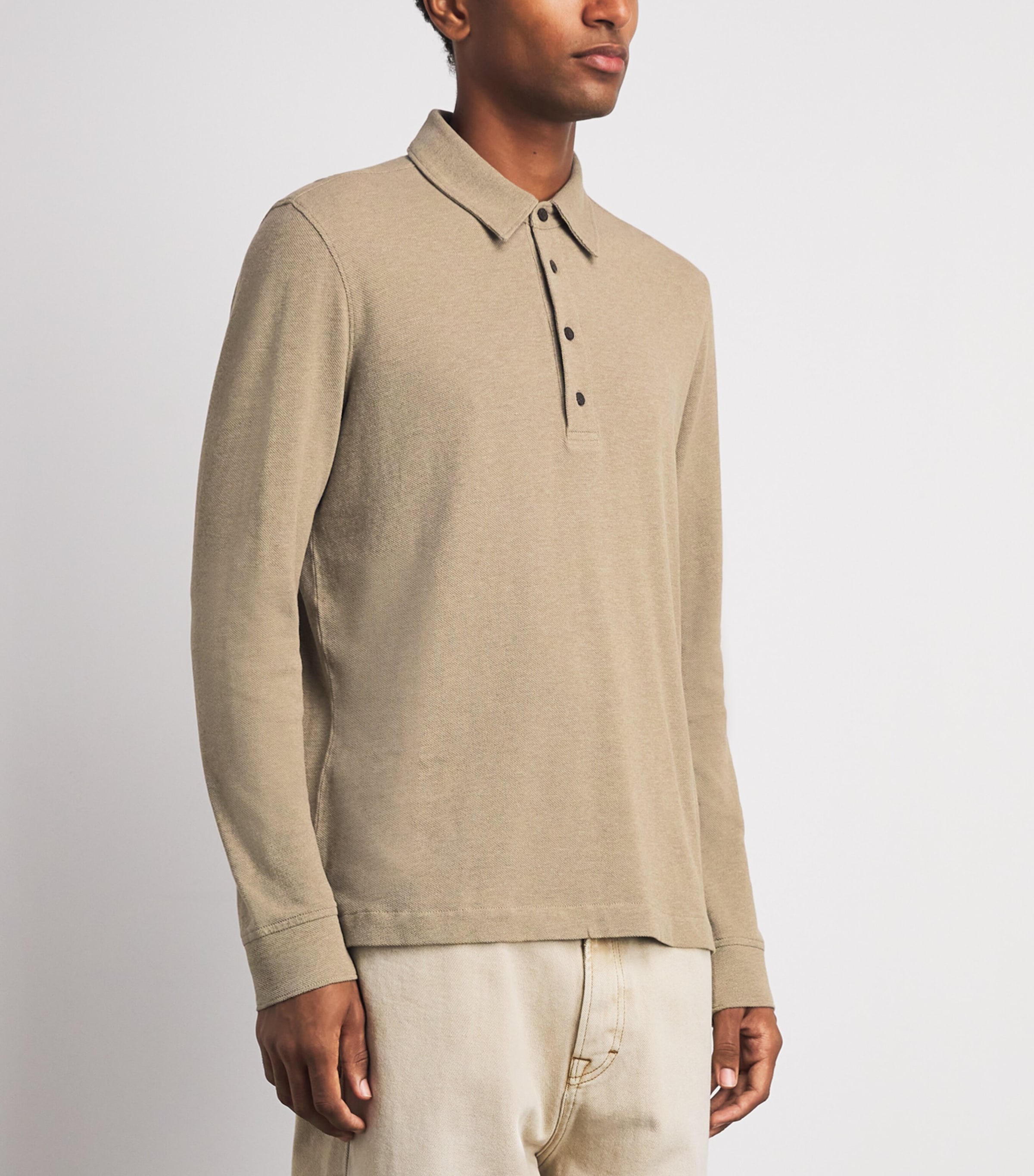 PAIGE Mens Cotton Ballard Long-Sleeve Polo Shirt Light Heather Brown Image 4