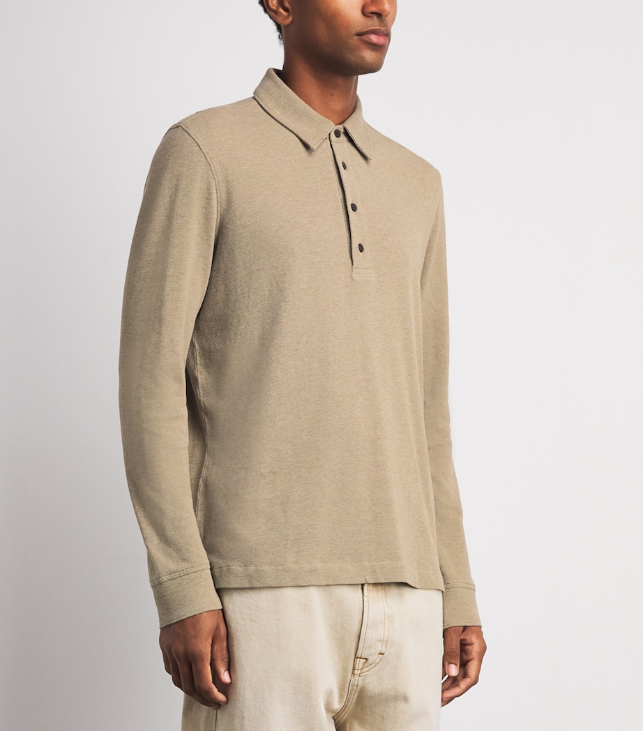 PAIGE Mens Cotton Ballard Long-Sleeve Polo Shirt Light Heather Brown Image 4