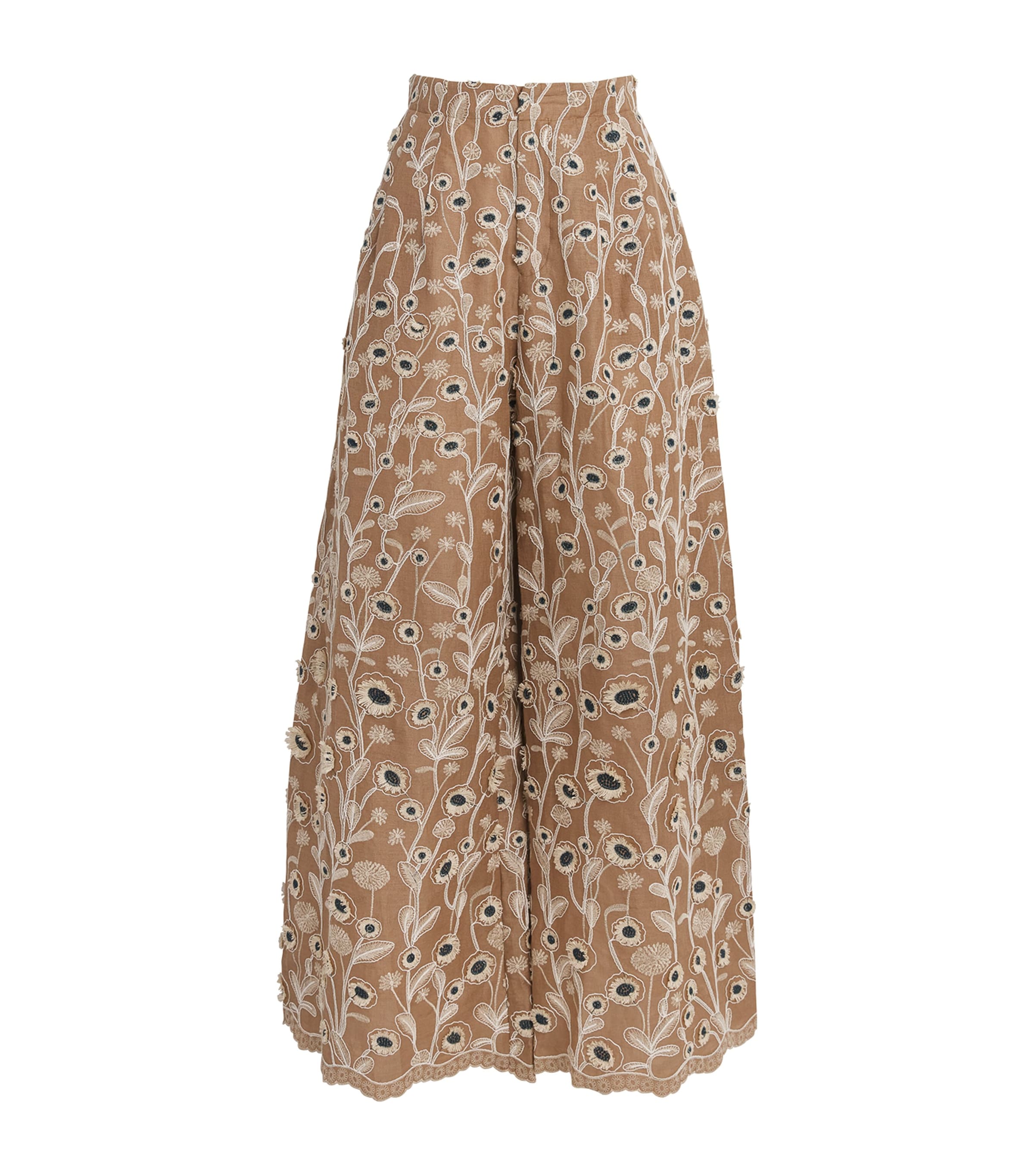 Agua By Agua Bendita Linen Floral-embroidered Pinon Petalo Trousers In Gold