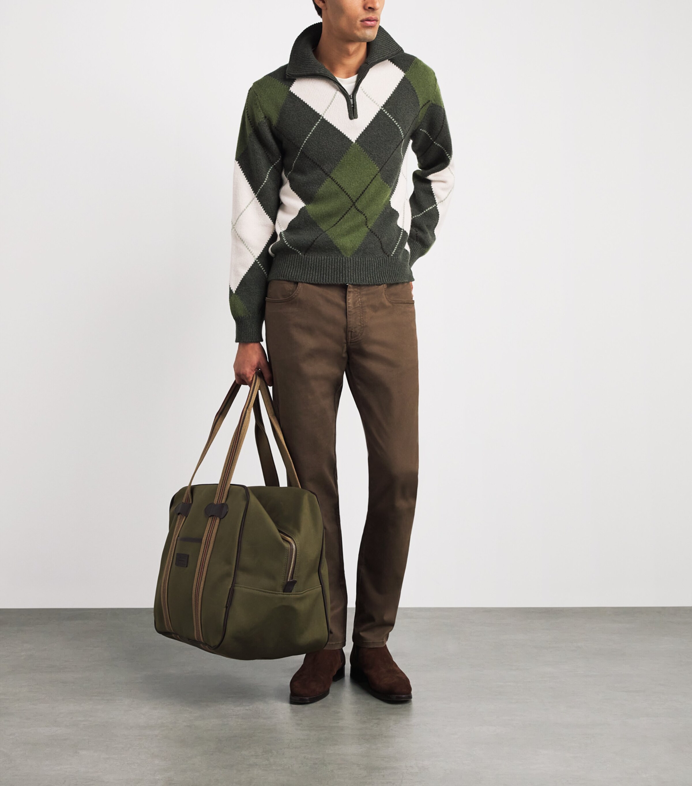 Purdey Mens Wool-Cashmere Strathmore Argyle Quarter-Zip Sweater Loden Image 2