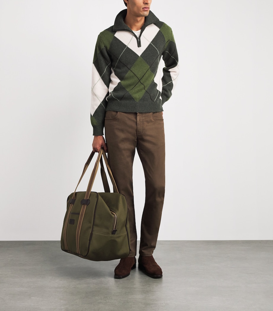 Purdey Mens Wool-Cashmere Strathmore Argyle Quarter-Zip Sweater Loden Image 2