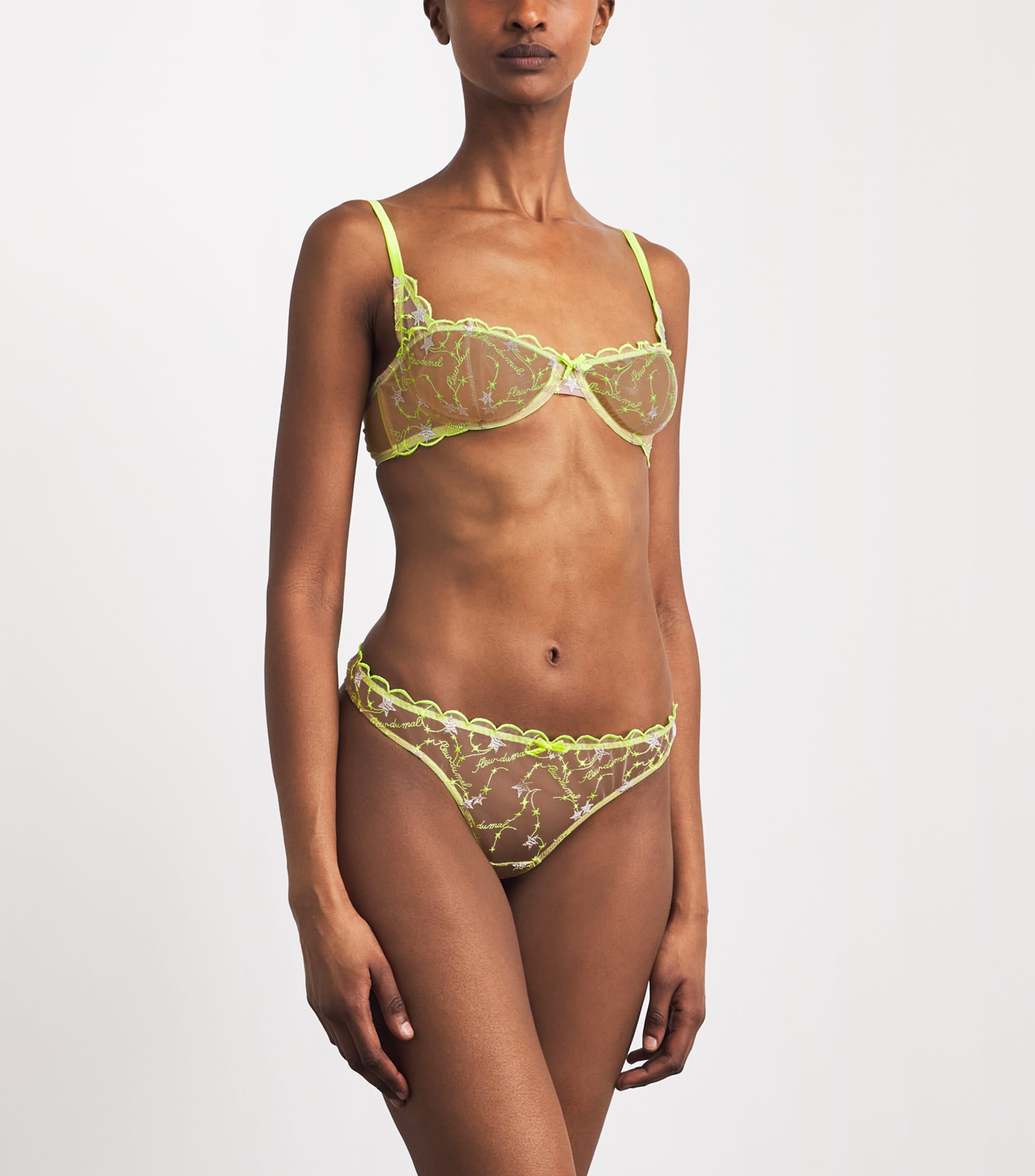 Fleur Du Mal Womens Silk Embroidered Étoile Balconette Bra Neon Yellow Image 2