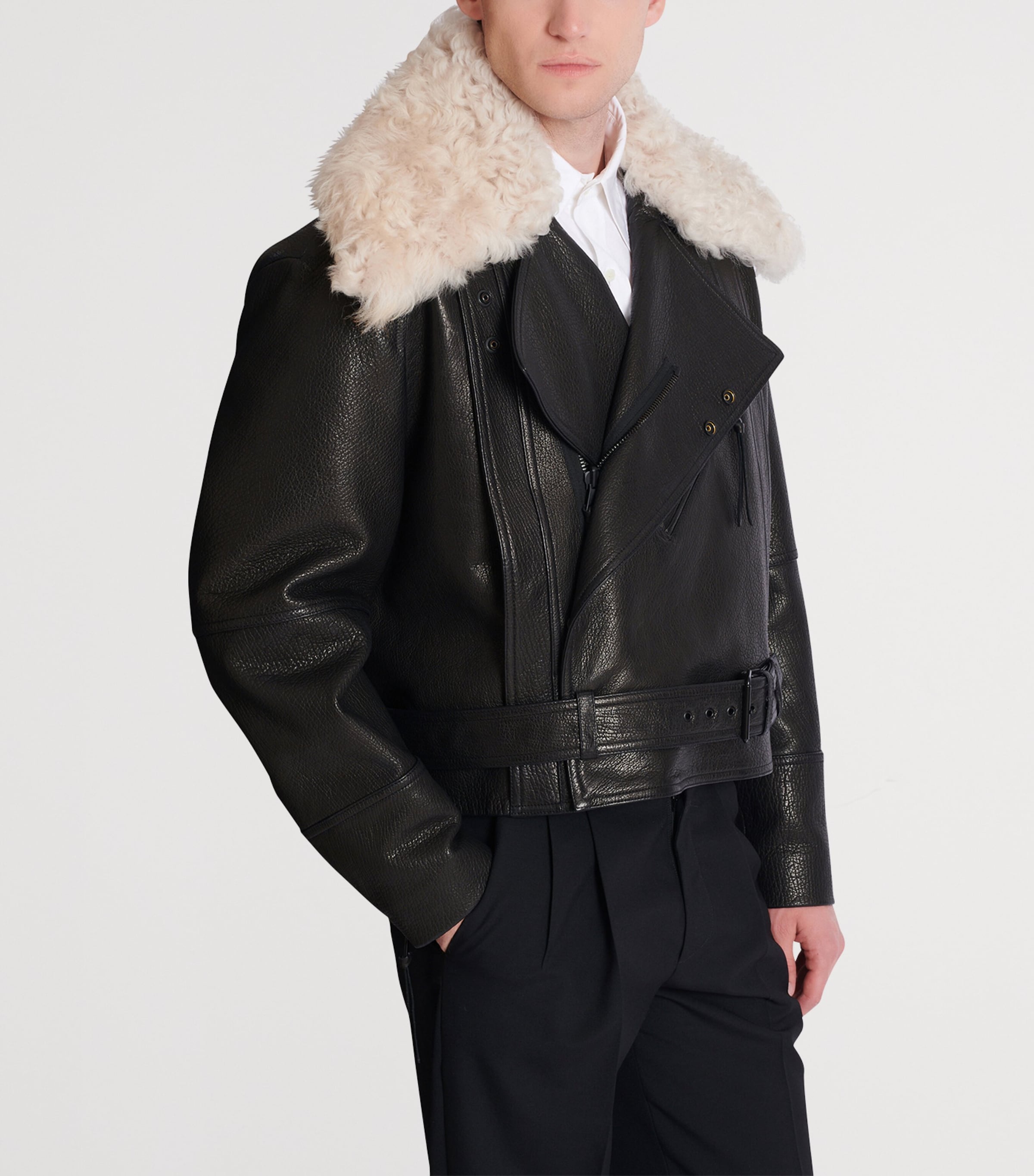 Fur-Trim Collar Leather Jacket ECJ NOIR/NATUREL Image 5
