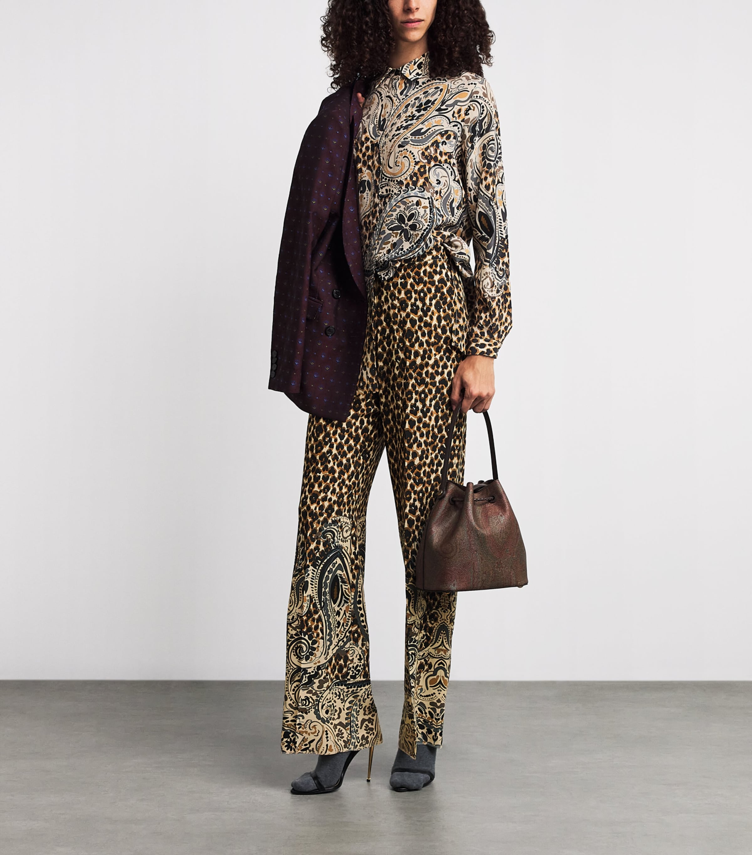 Etro Womens Silk Leopard Straight Trousers Beige Image 2