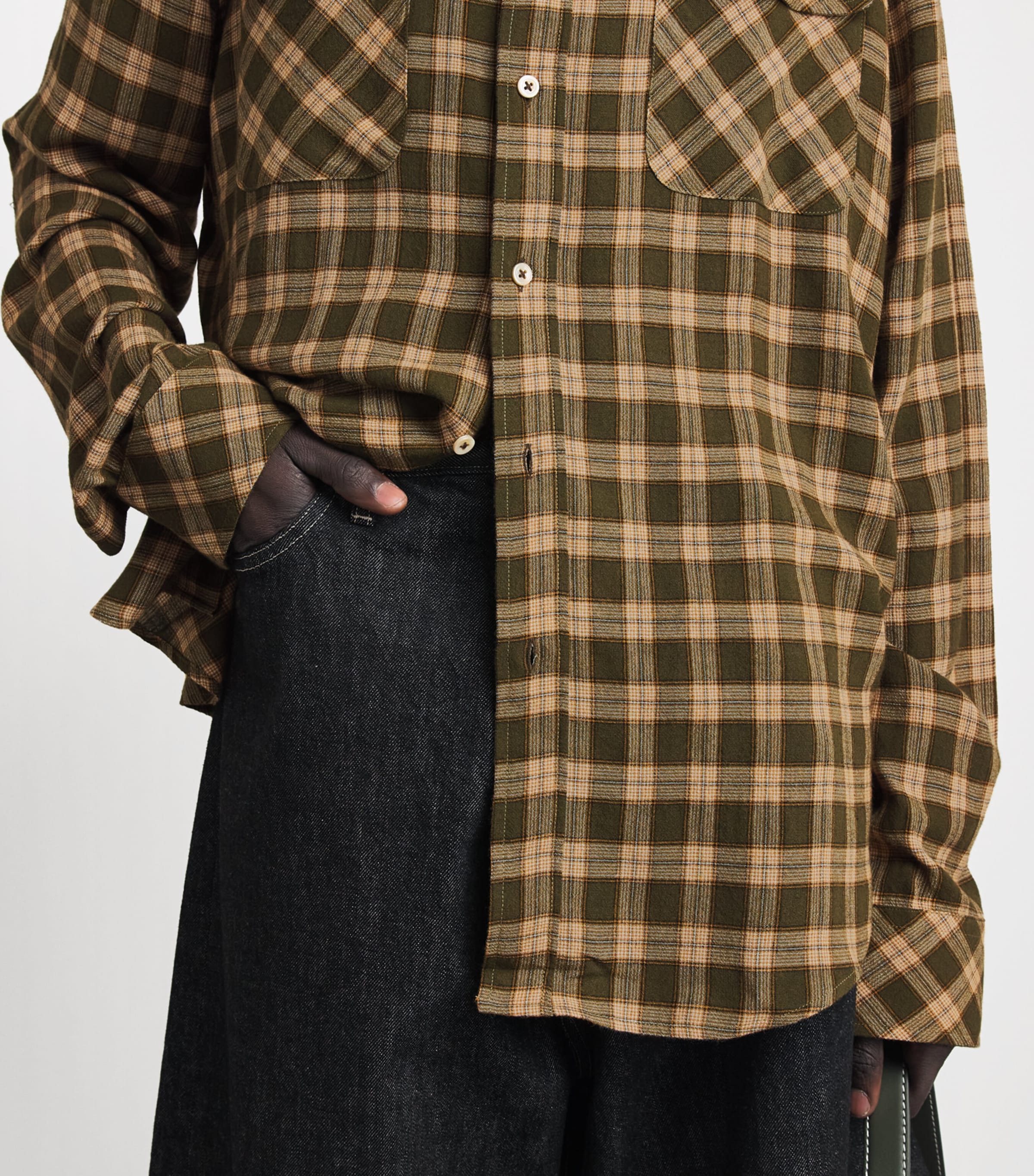 Wales Bonner Mens Cotton Check Canopy Shirt Jade / Ocre / Oyster Image 3