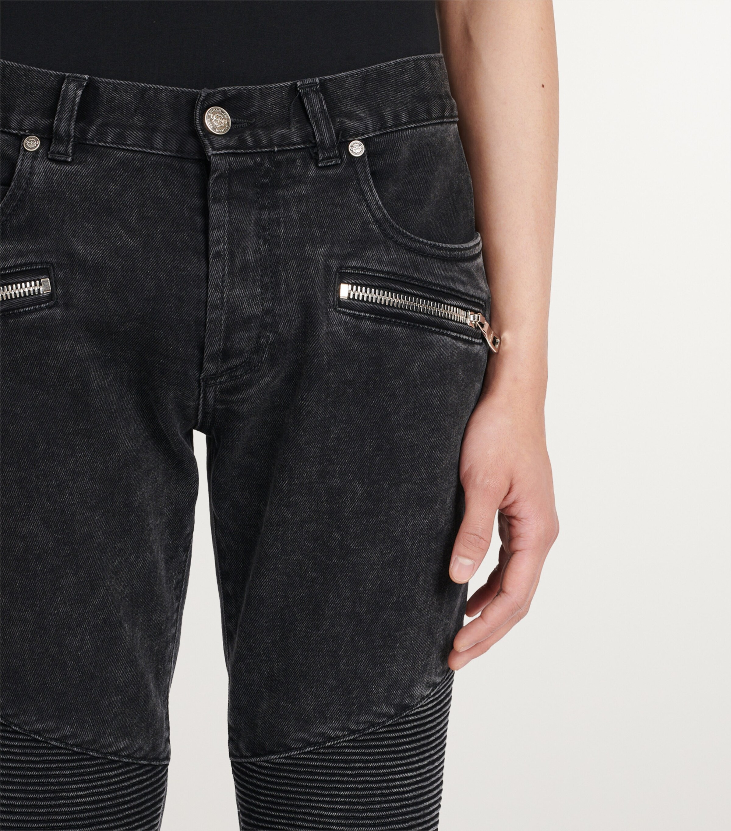 Balmain Mens Biker-Detail Skinny Jeans Noir D+lav+ Image 6