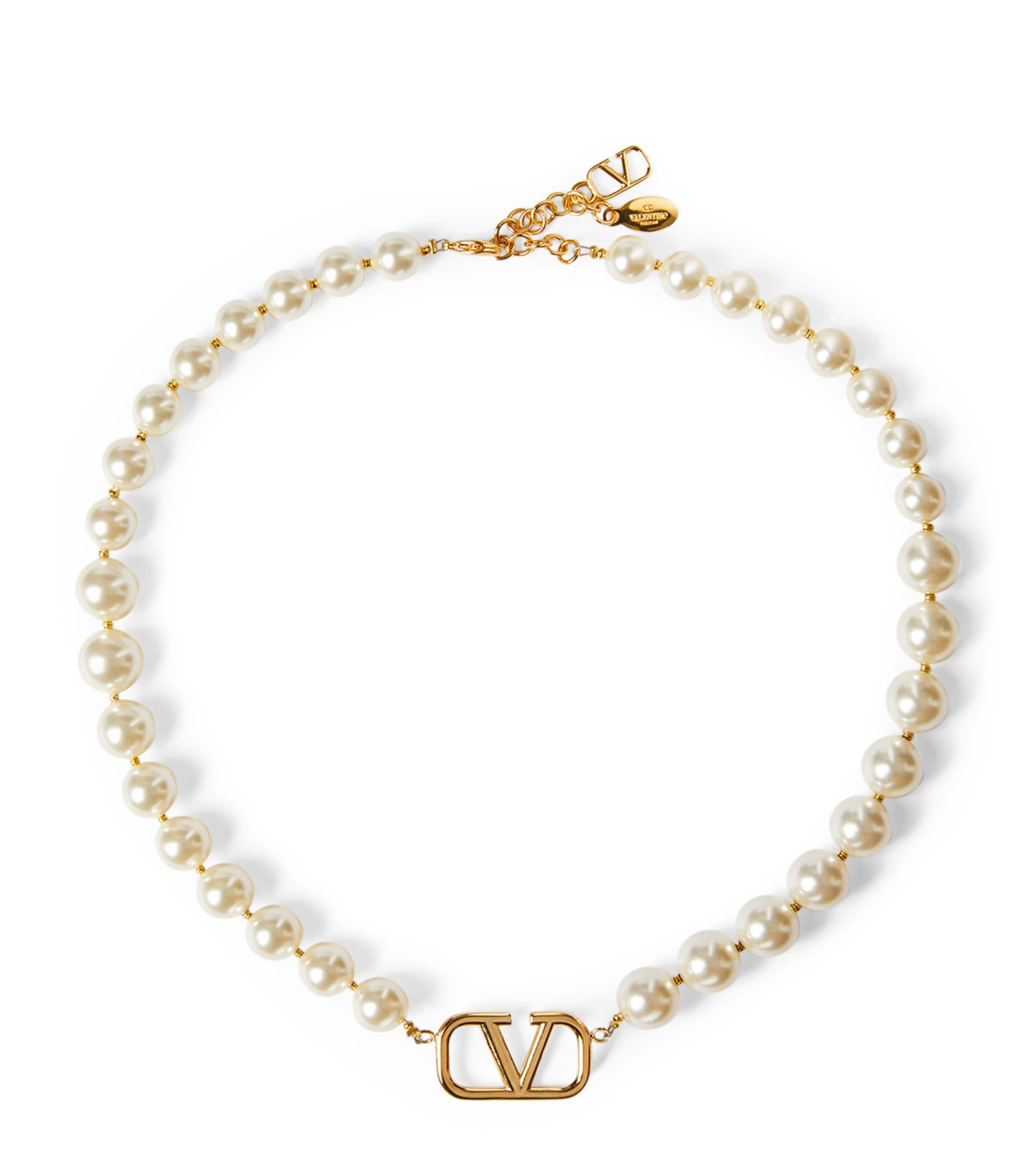 Shop Valentino Vlogo Signature Pearl Necklace In Metallic